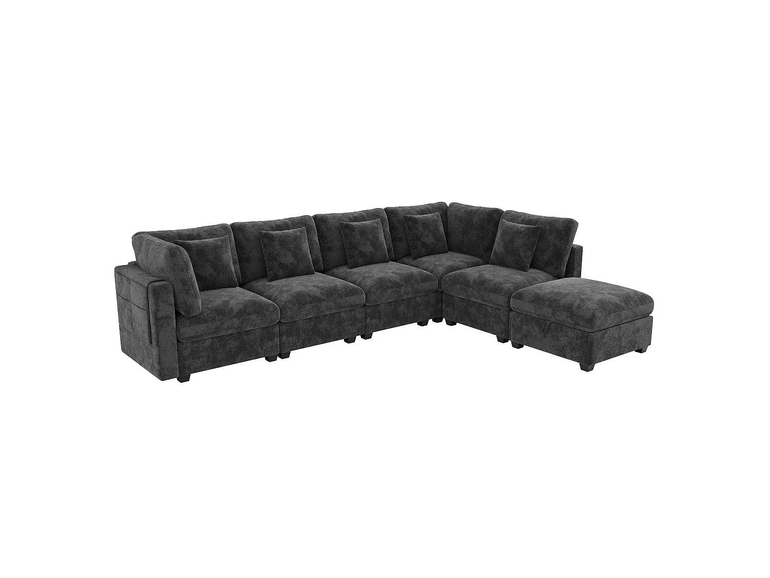 L-shaped corner sofa - 6 seats - with mobile footrest - with sleep function - with 5 cushions - chenille fabric - grey