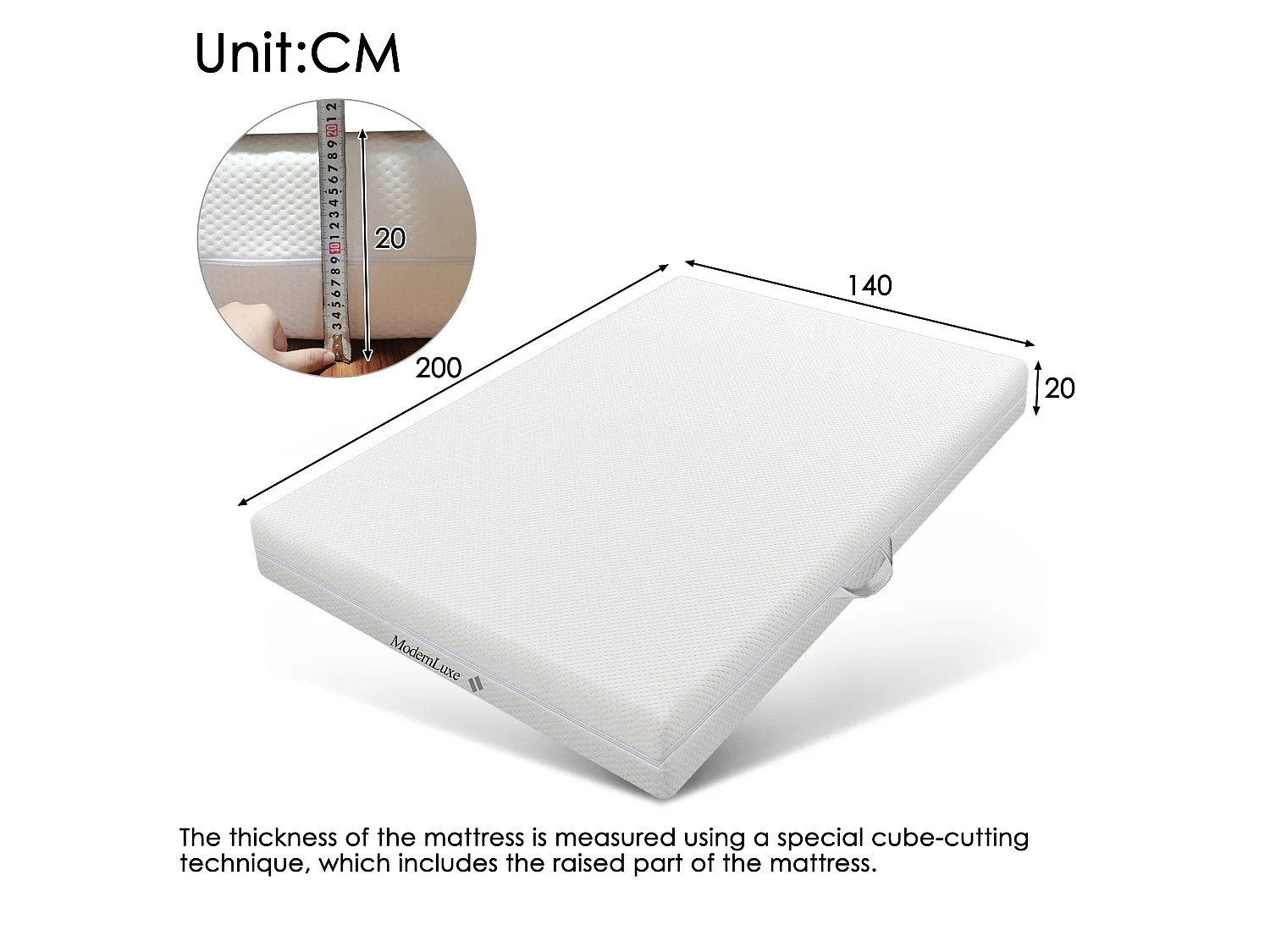 Matelas mousse froide 140x200, 7 zones, 20 cm, H3, poignées, housse lavable zippée, climatique