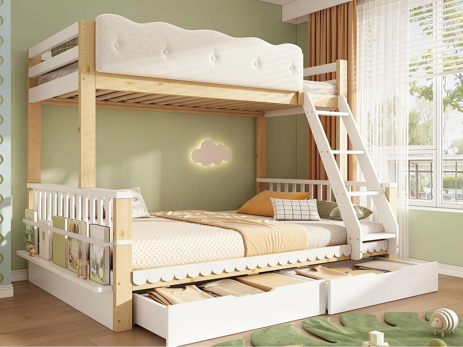Children's bunk bed 90x200 + 140x200 cm - with cloud-shaped safety rails and drawers - white and oak color (without mattress)