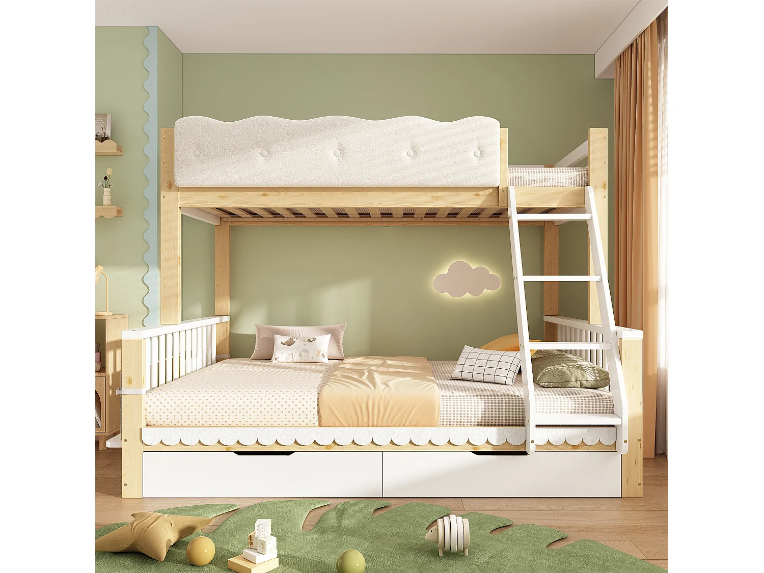 Children's bunk bed 90x200 + 140x200 cm - with cloud-shaped safety rails and drawers - white and oak color (without mattress)