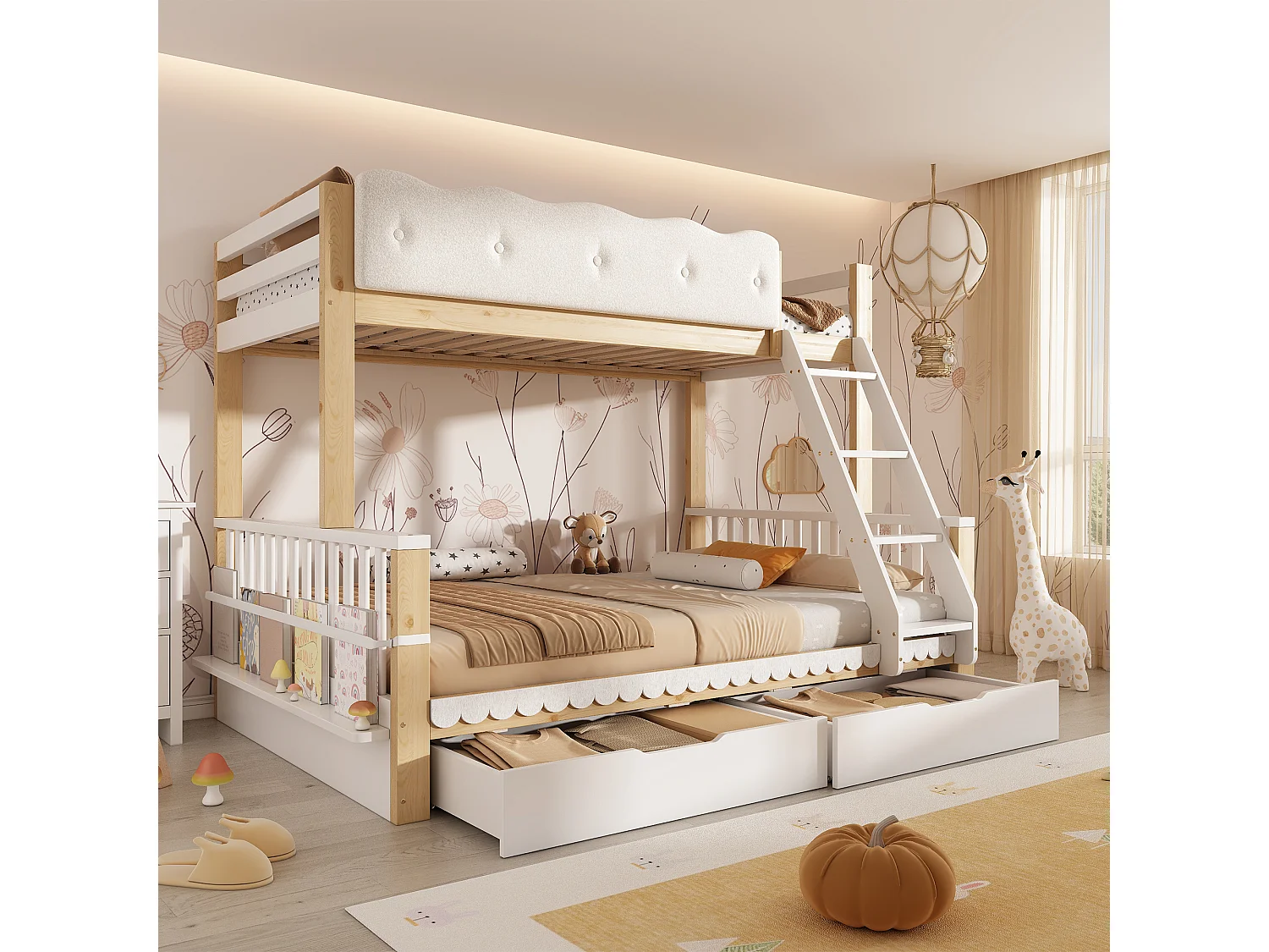 Children's bunk bed 90x200 + 140x200 cm - with cloud-shaped safety rails and drawers - white and oak color (without mattress)