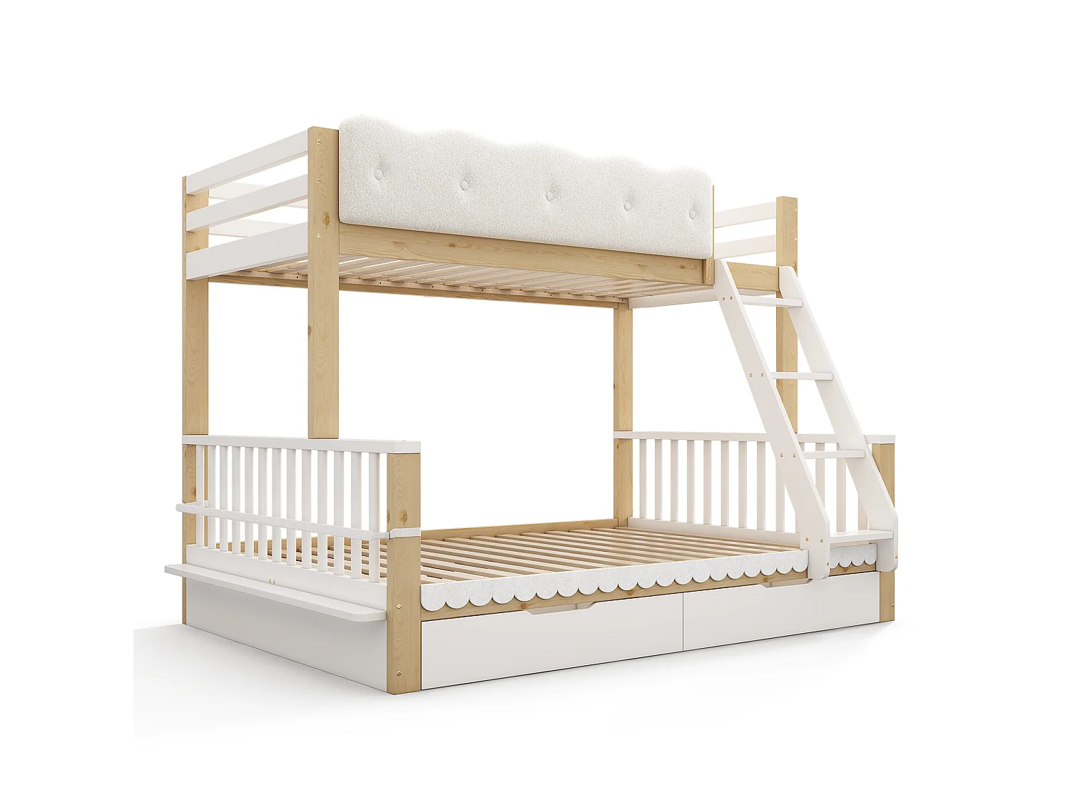 Children's bunk bed 90x200 + 140x200 cm - with cloud-shaped safety rails and drawers - white and oak color (without mattress)
