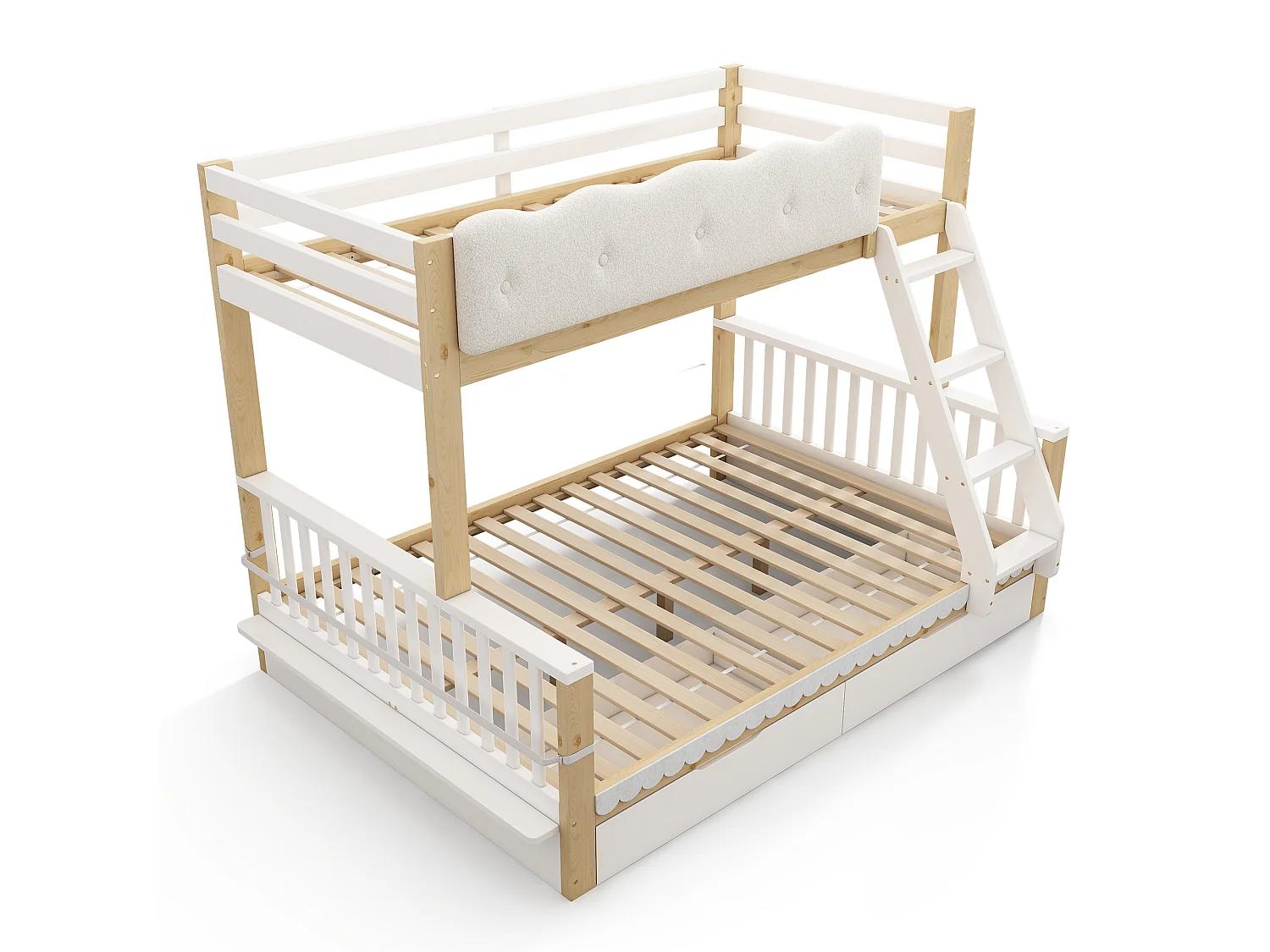 Children's bunk bed 90x200 + 140x200 cm - with cloud-shaped safety rails and drawers - white and oak color (without mattress)