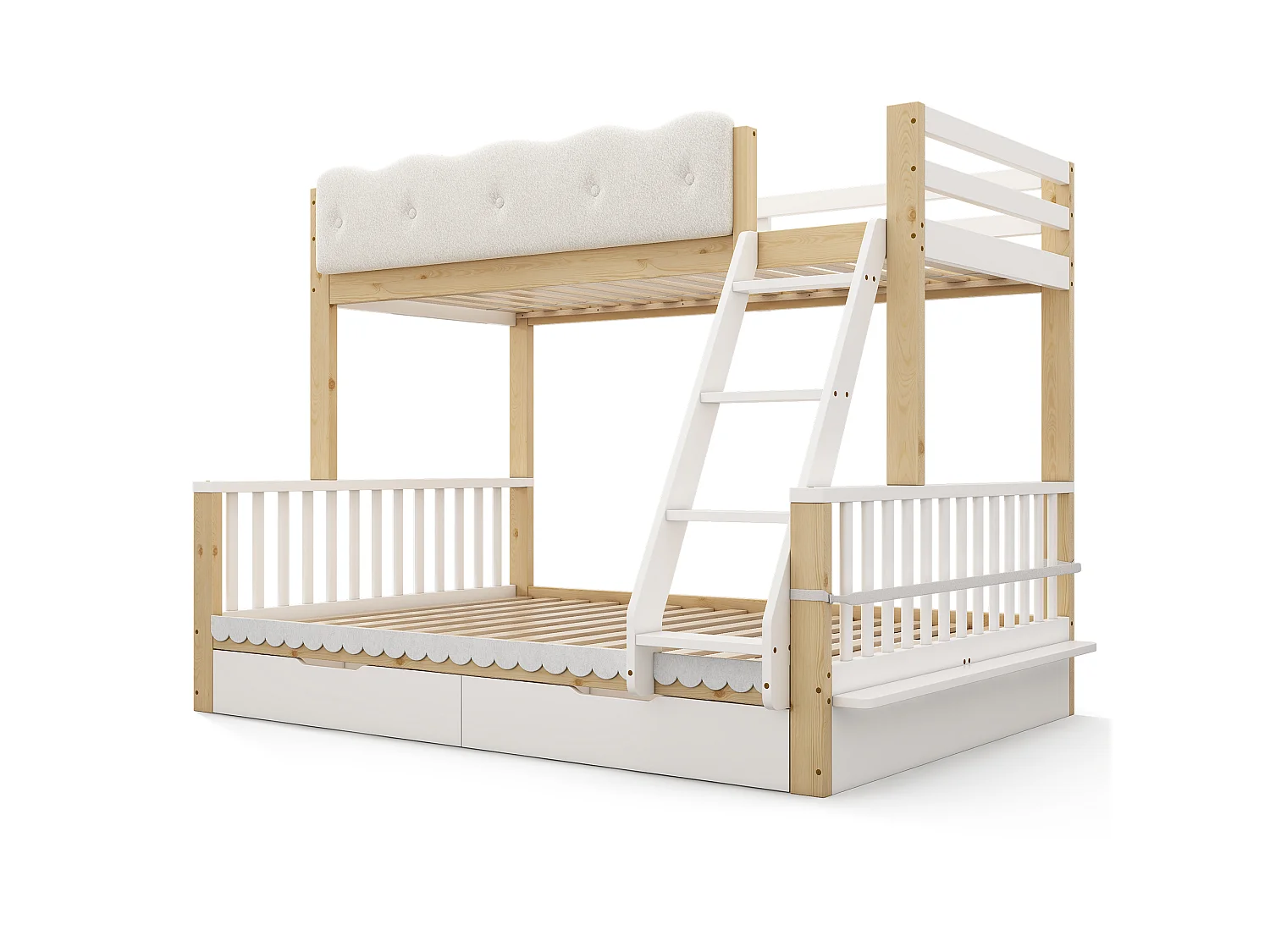 Children's bunk bed 90x200 + 140x200 cm - with cloud-shaped safety rails and drawers - white and oak color (without mattress)