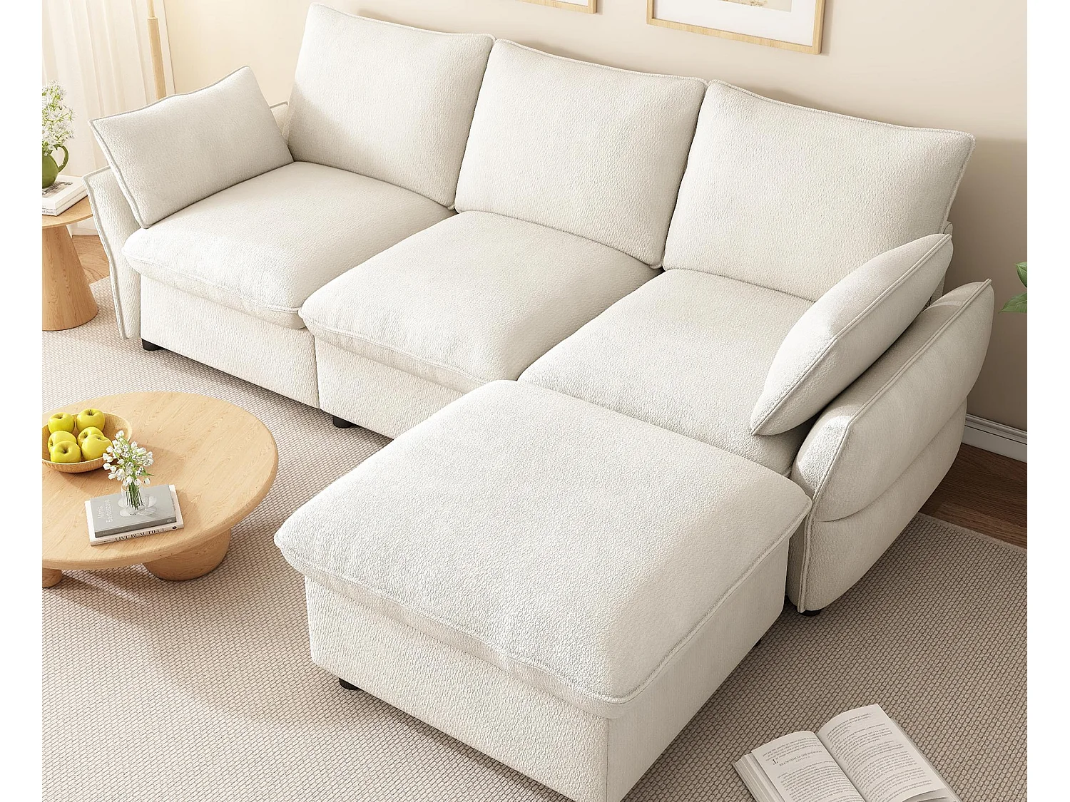 Canapé d'angle moderne  222,5 × 154,5 × 76,5 cm - 3 places - avec 1 repose-pieds - tissu chenille - beige