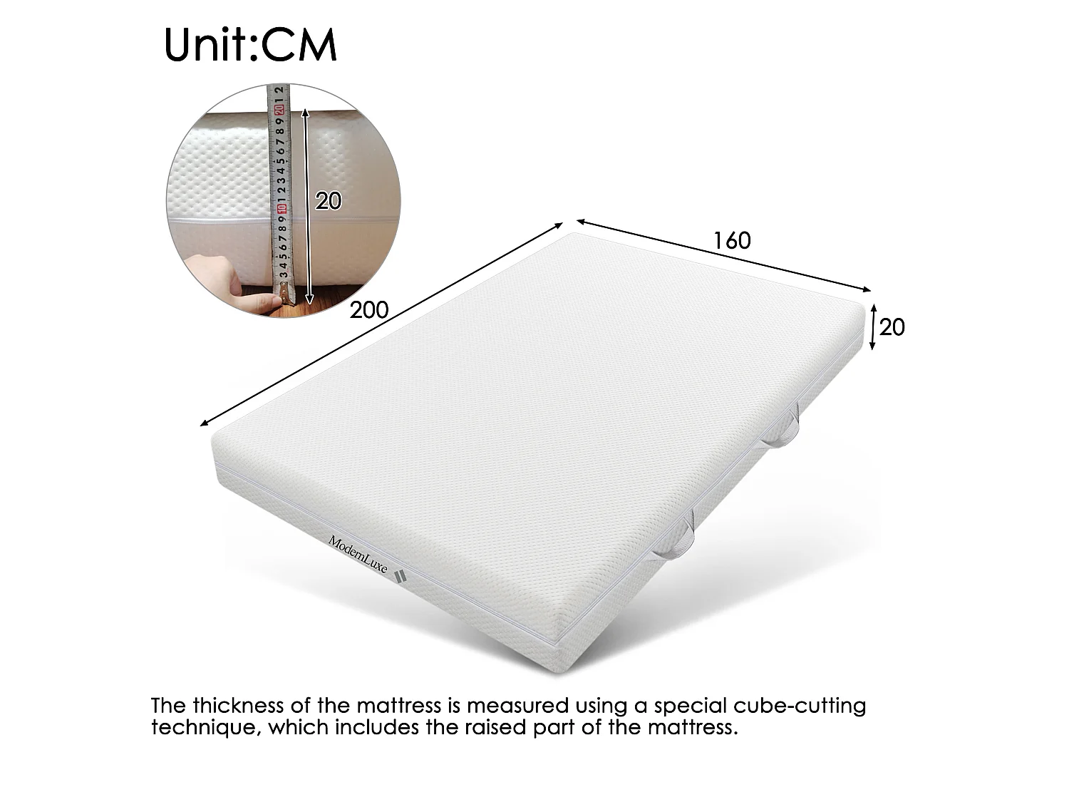 Matelas mousse froide 160x200, 7 zones, 20 cm, H3, poignées, housse lavable zippée, climatique