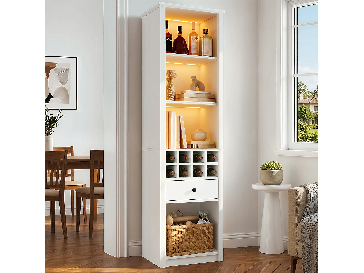 Vitrine 200 cm hoch - LED-Beleuchtung - 1 Schublade und 12 Aufbewahrungsfächer - MDF - Weiß
