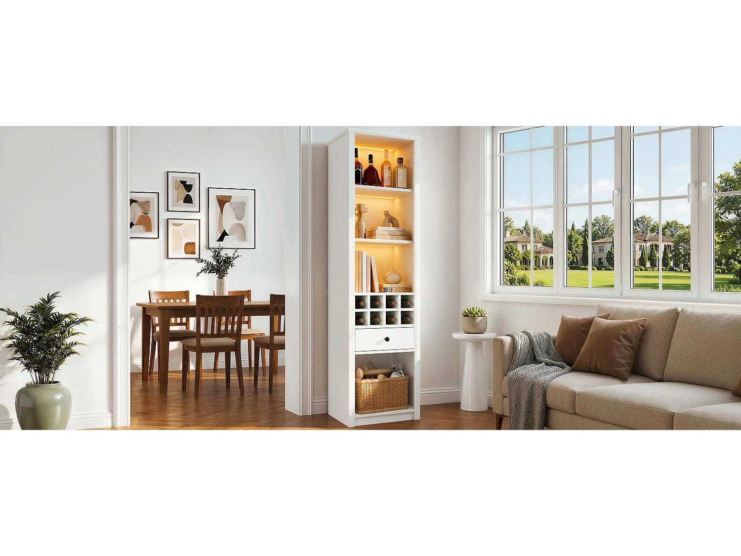 Vitrine 200 cm hoch - LED-Beleuchtung - 1 Schublade und 12 Aufbewahrungsfächer - MDF - Weiß