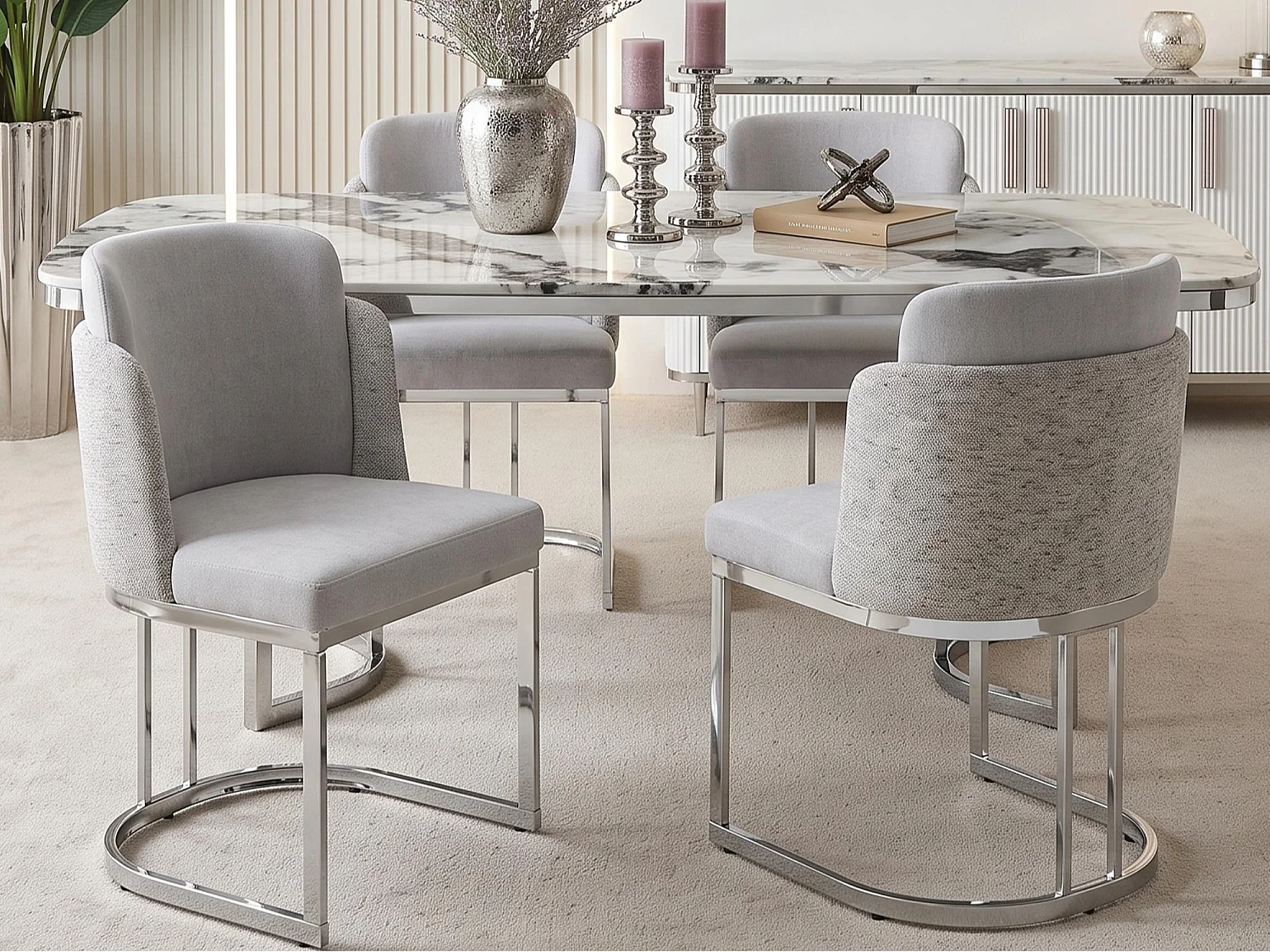 Lot of 4 dining chairs - Modern style - Silver galvanized legs - Chenille fabric - Light gray + silver