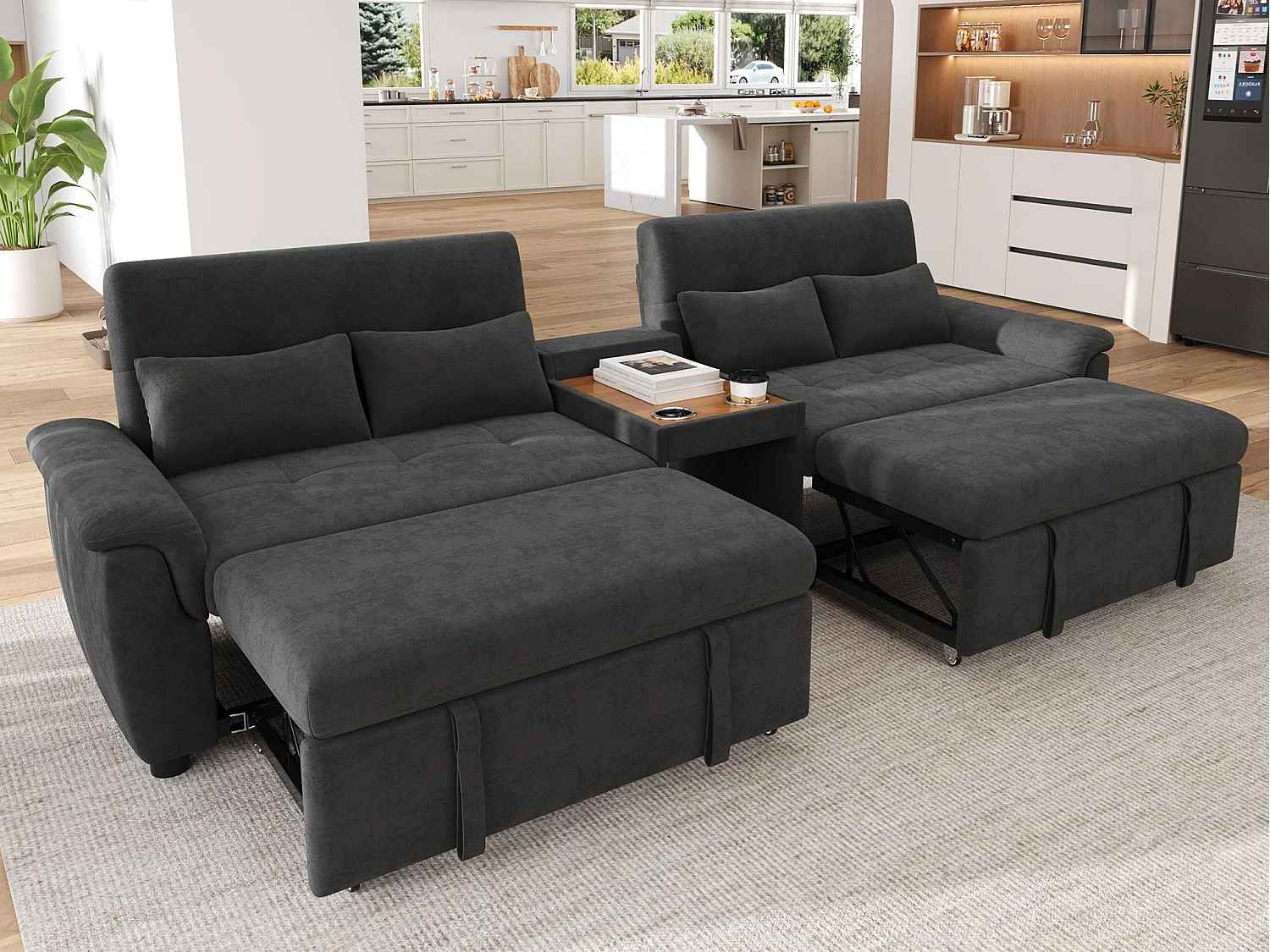Extendable sofa - adjustable backrest - double sleeping space - Coffee table with 2 cup holders - 4 cushions - Chenille - Grey