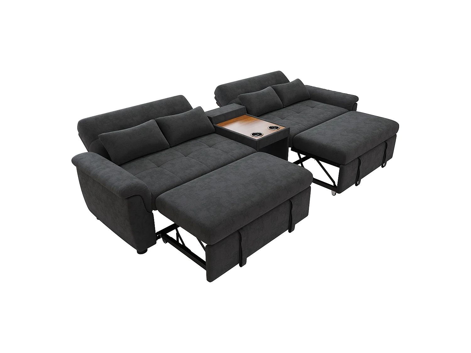 Extendable sofa - adjustable backrest - double sleeping space - Coffee table with 2 cup holders - 4 cushions - Chenille - Grey