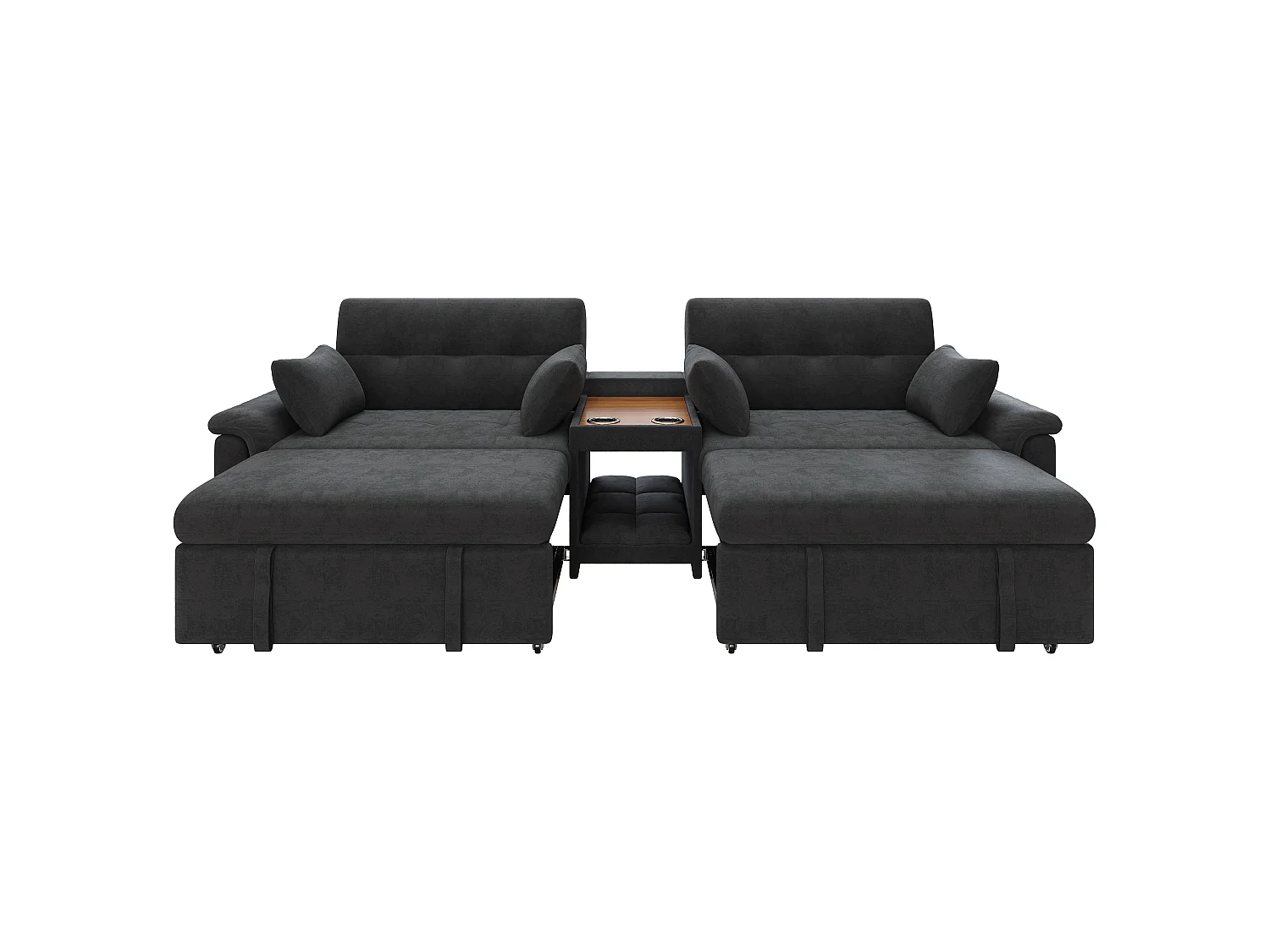 Extendable sofa - adjustable backrest - double sleeping space - Coffee table with 2 cup holders - 4 cushions - Chenille - Grey