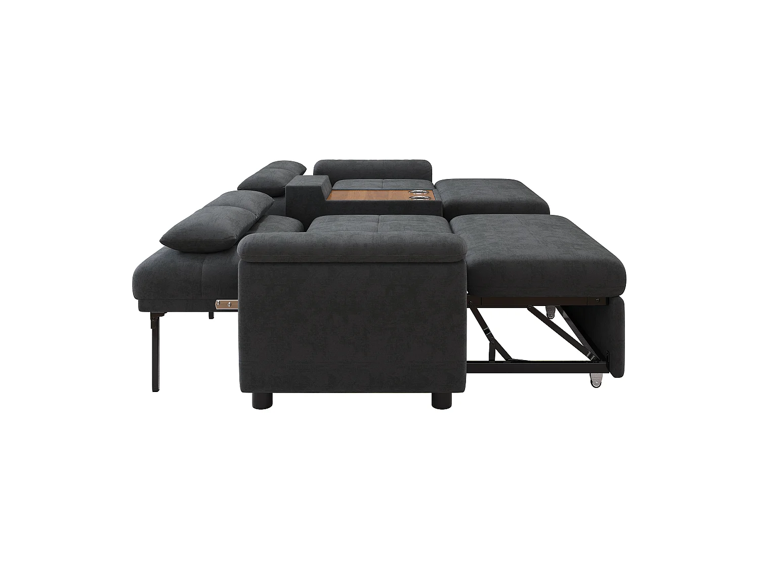Extendable sofa - adjustable backrest - double sleeping space - Coffee table with 2 cup holders - 4 cushions - Chenille - Grey
