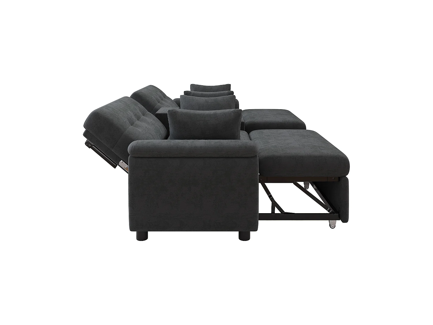 Extendable sofa - adjustable backrest - double sleeping space - Coffee table with 2 cup holders - 4 cushions - Chenille - Grey