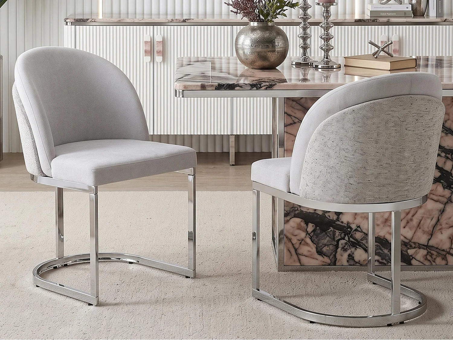 Lot of 2 dining chairs - Modern style - Silver galvanized feet - Chenille fabric - Light gray and silver