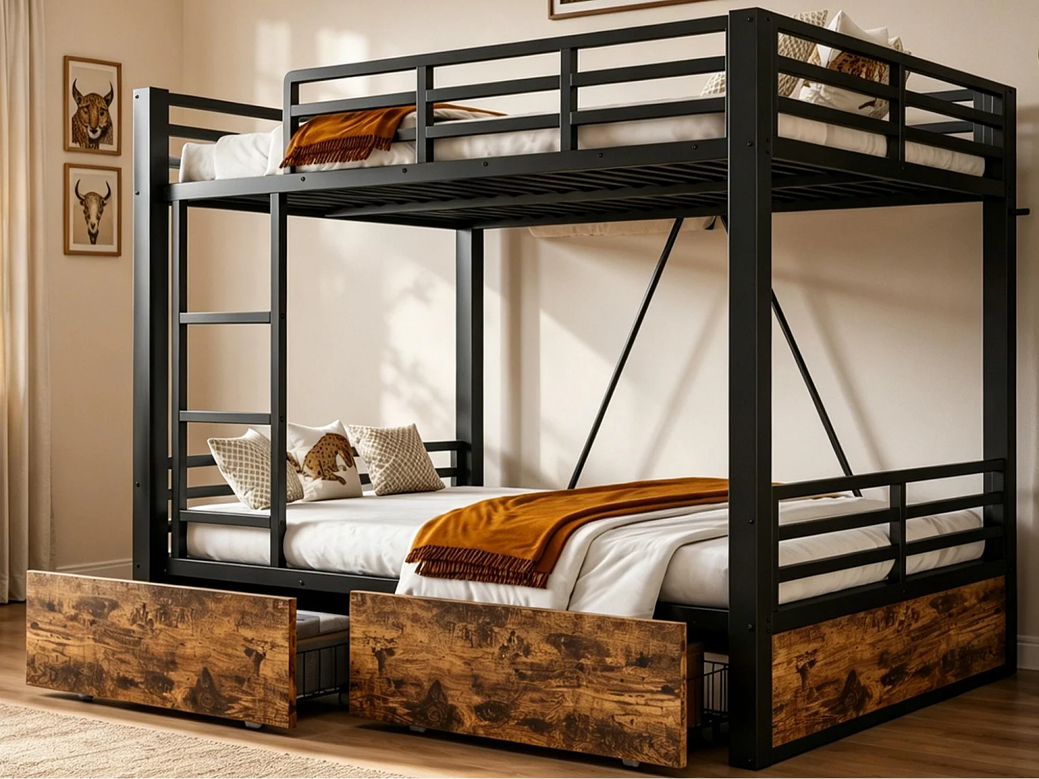 Metal bunk bed 140x200cm - with 2 drawers - with ladder - with safety barriers - black (mattress not included)