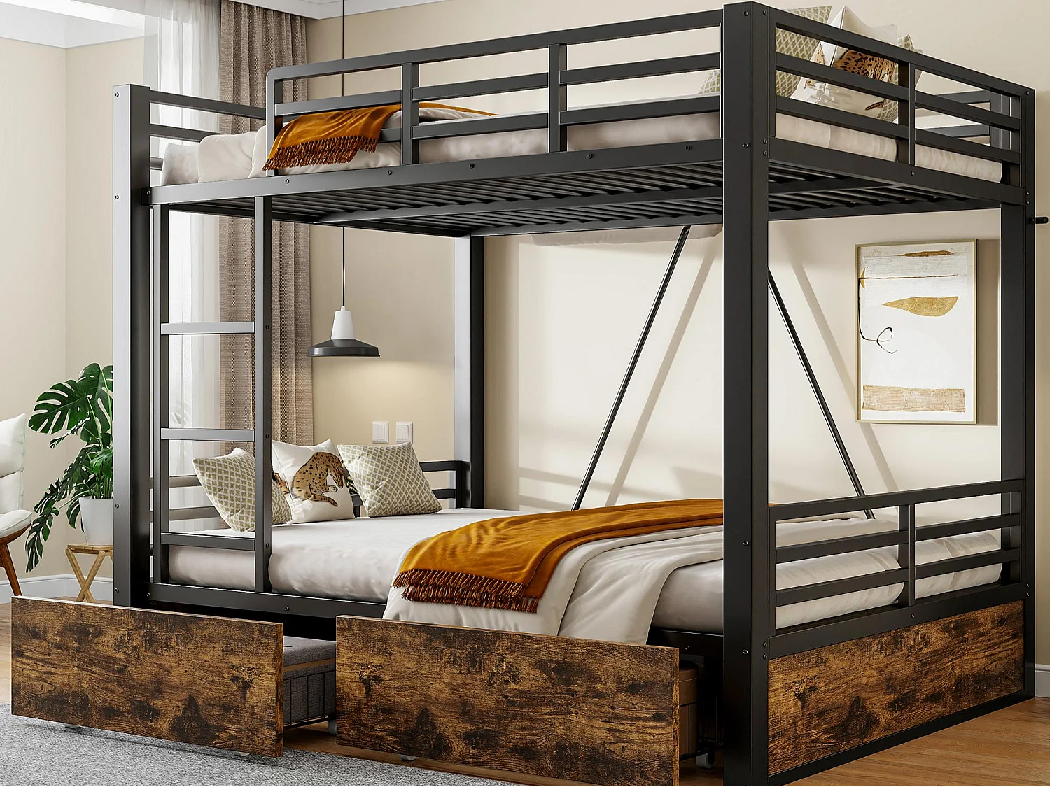 Metal bunk bed 140x200cm - with 2 drawers - with ladder - with safety barriers - black (mattress not included)