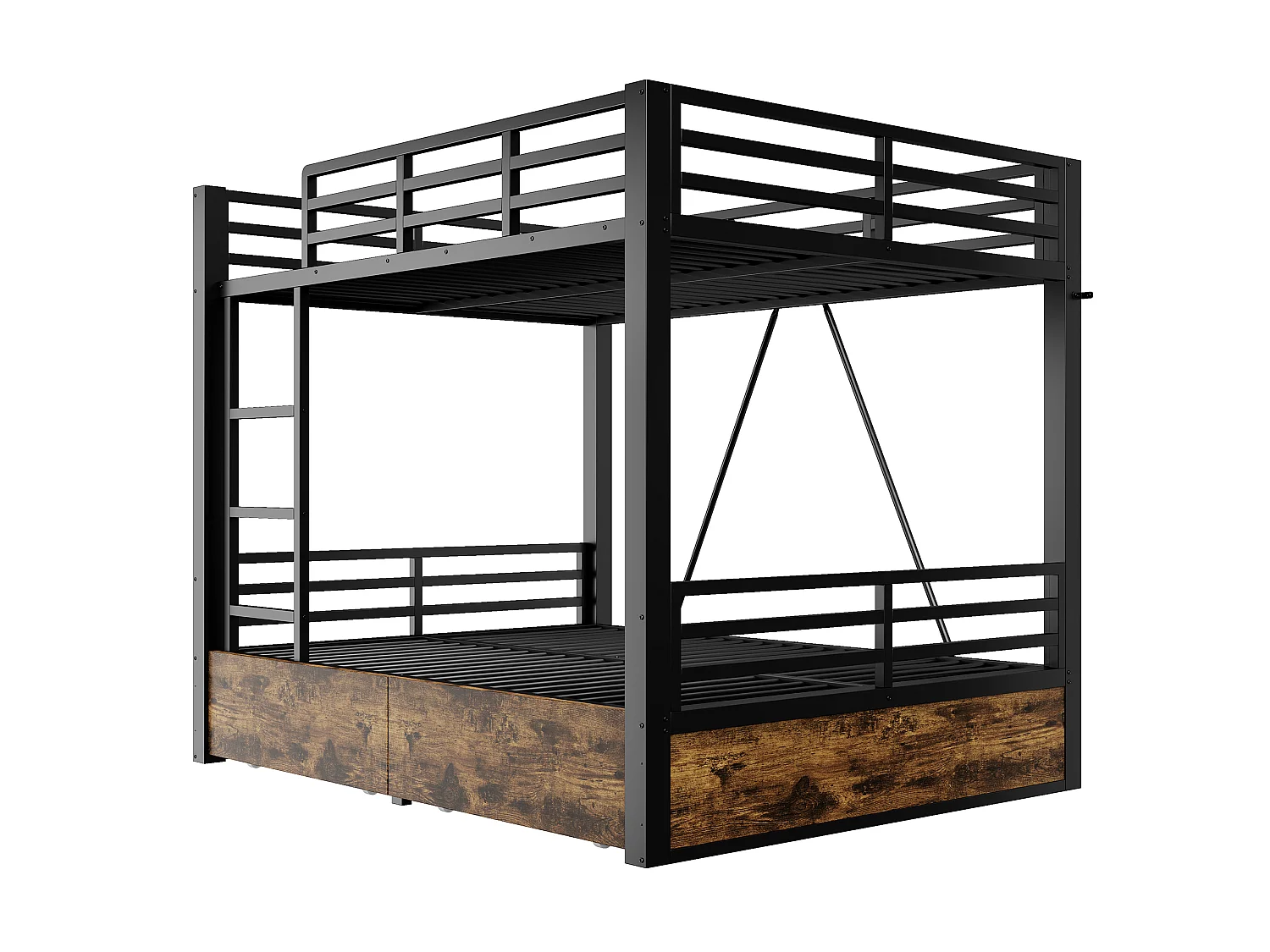 Metal bunk bed 140x200cm - with 2 drawers - with ladder - with safety barriers - black (mattress not included)