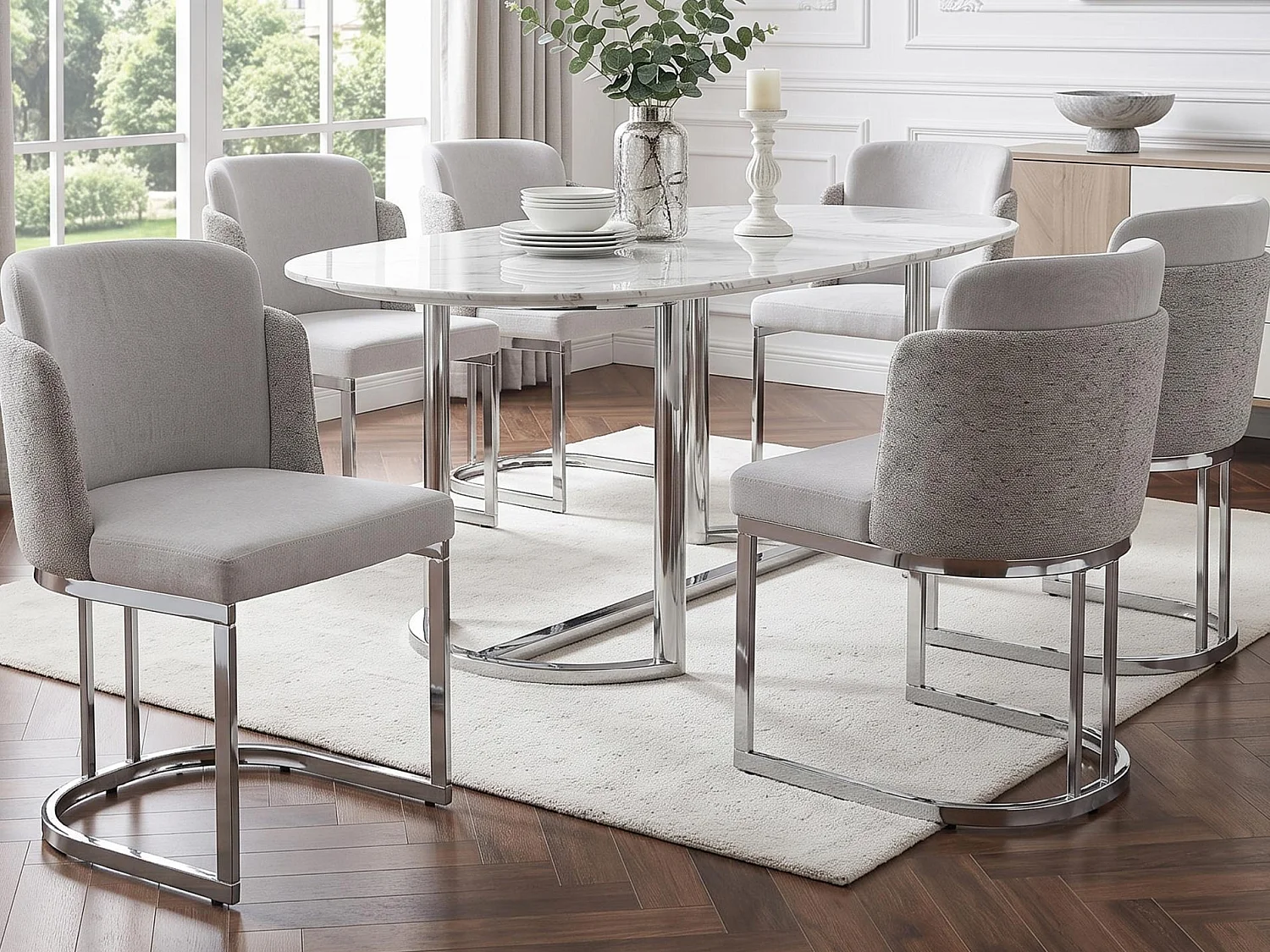 Lot of 6 dining chairs - Modern style - Silver galvanized feet - Chenille fabric - Light gray + silver