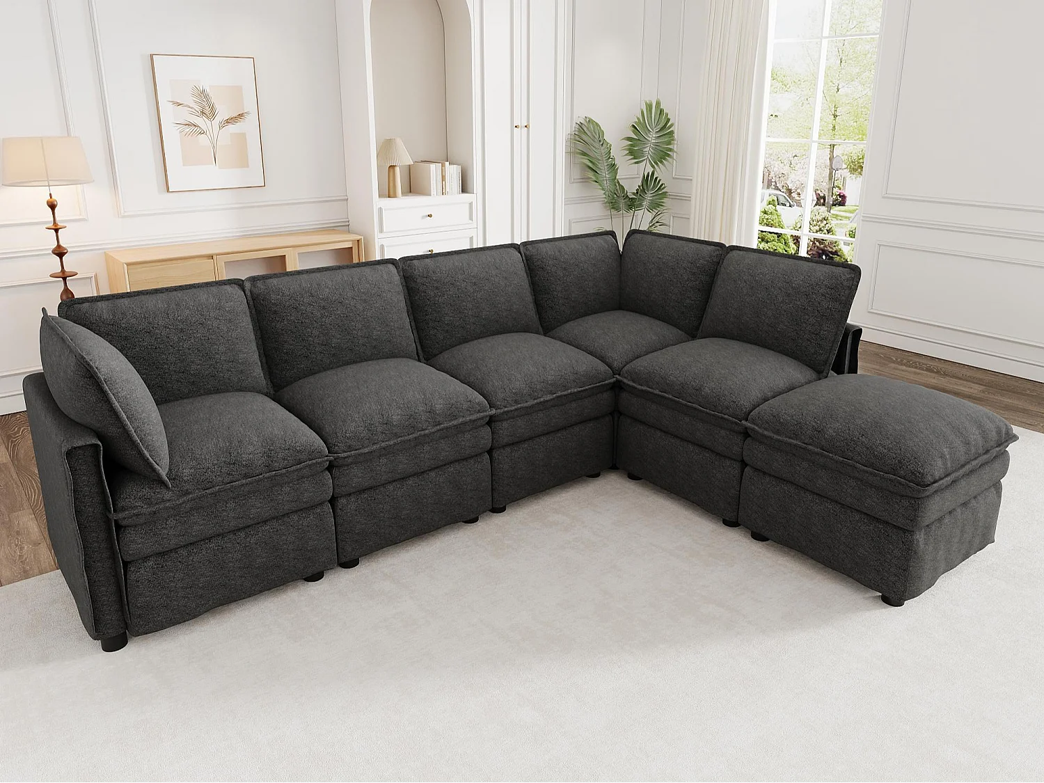U-shaped/L-shaped corner sofa - with mobile footrest - with sleep function - double-layer seat cushion - chenille fabric - grey