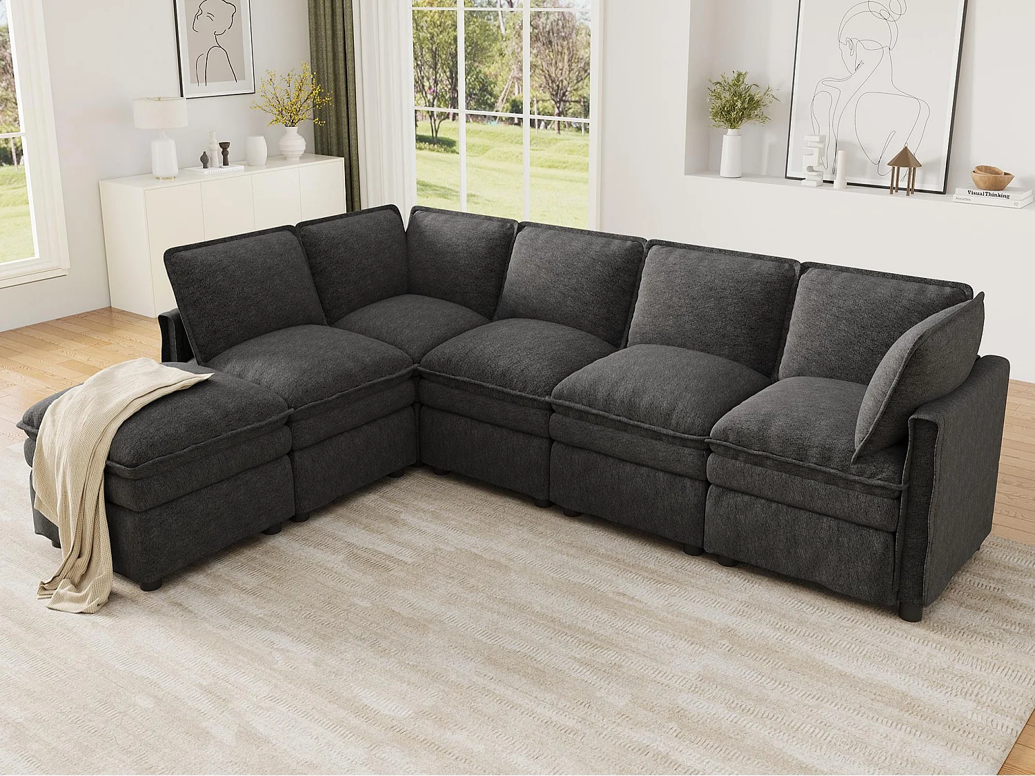 U-shaped/L-shaped corner sofa - with mobile footrest - with sleep function - double-layer seat cushion - chenille fabric - grey