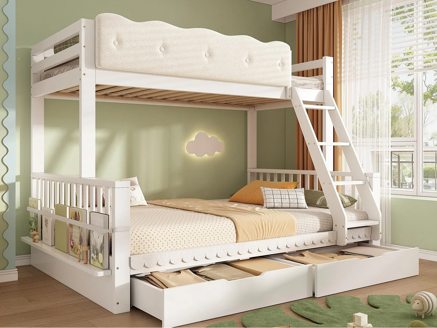 Children's bunk bed 90x200 + 140x200 cm - with cloud-shaped safety rails and drawers - white (without mattress)