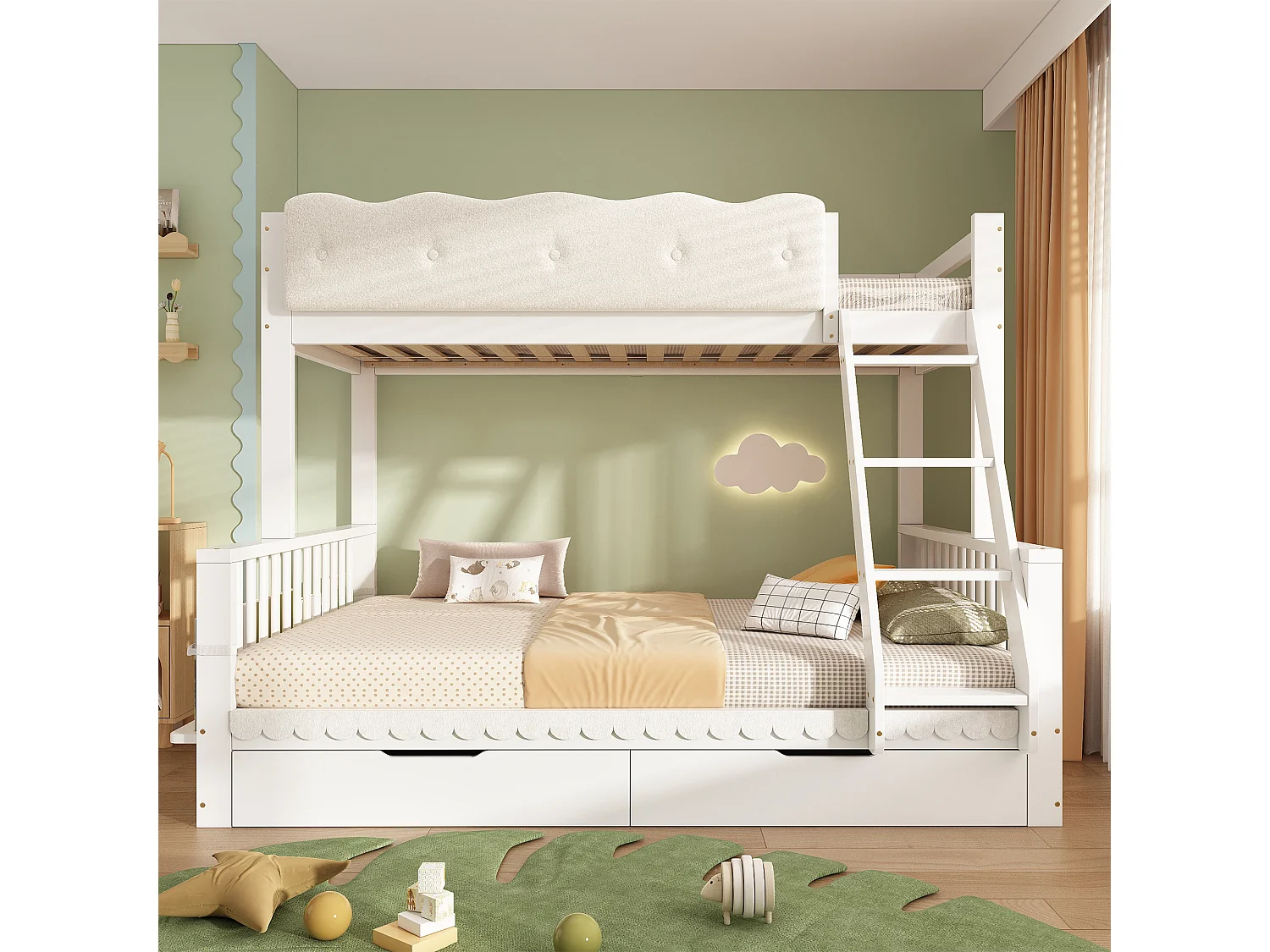 Children's bunk bed 90x200 + 140x200 cm - with cloud-shaped safety rails and drawers - white (without mattress)