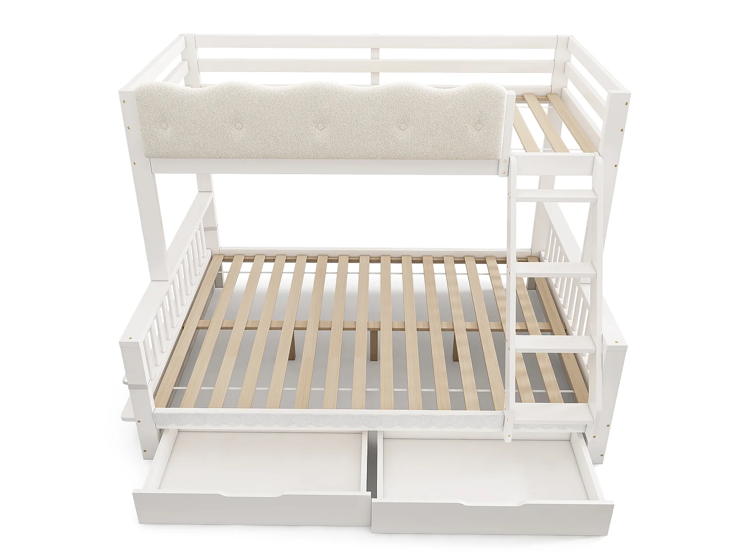 Children's bunk bed 90x200 + 140x200 cm - with cloud-shaped safety rails and drawers - white (without mattress)
