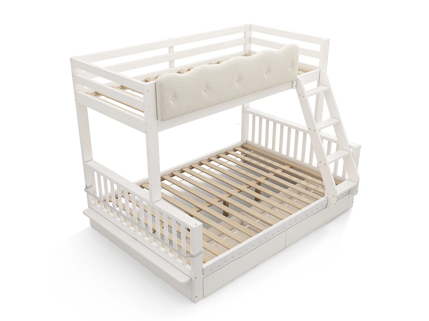 Children's bunk bed 90x200 + 140x200 cm - with cloud-shaped safety rails and drawers - white (without mattress)
