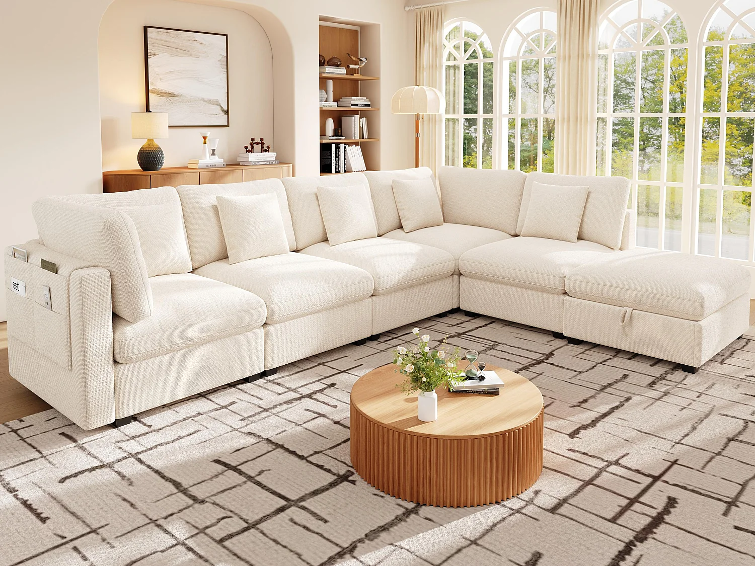 L-shaped corner sofa - 6 seats - with mobile footrest - with sleep function - with 5 cushions - chenille fabric - beige