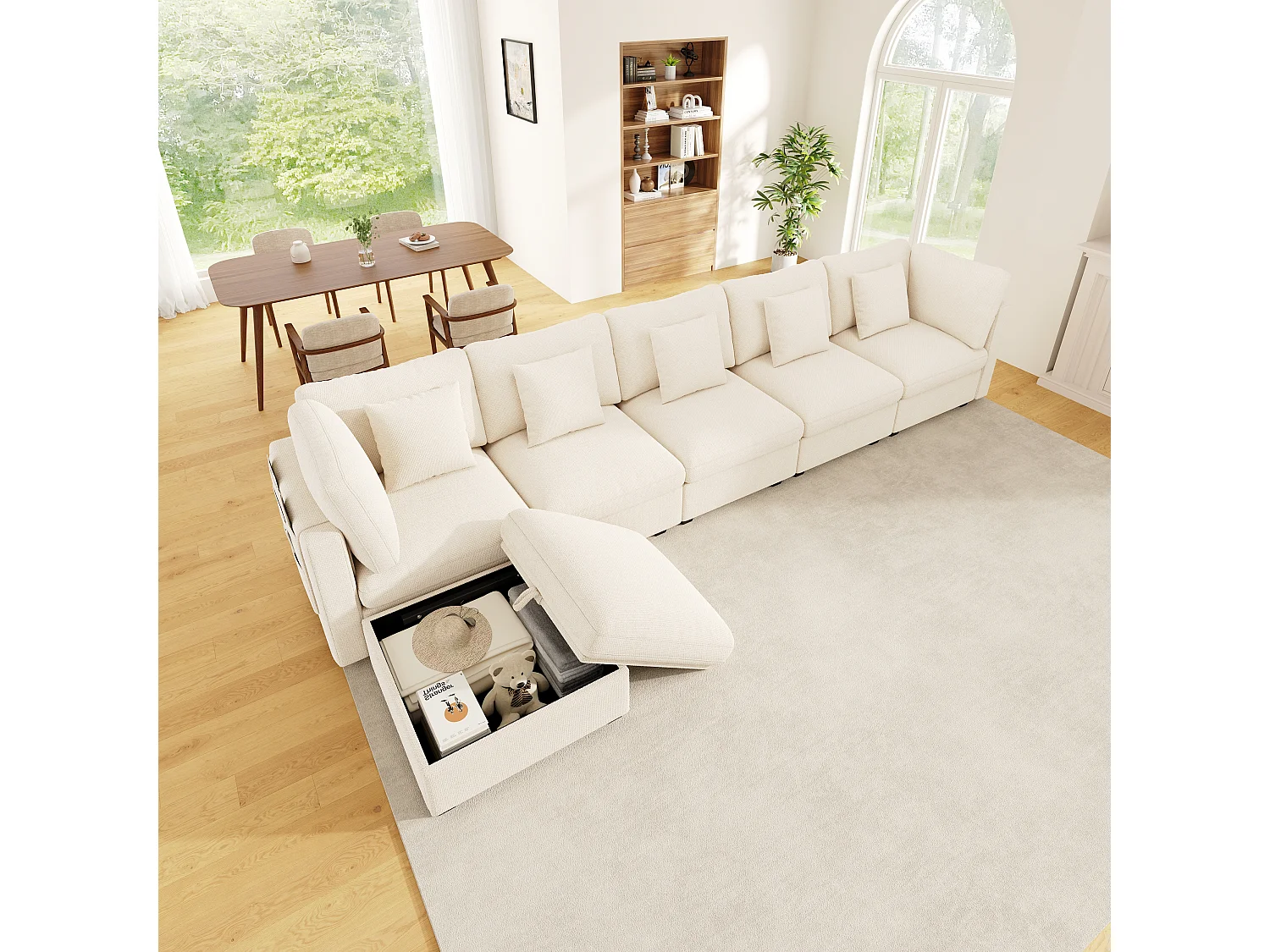 L-shaped corner sofa - 6 seats - with mobile footrest - with sleep function - with 5 cushions - chenille fabric - beige