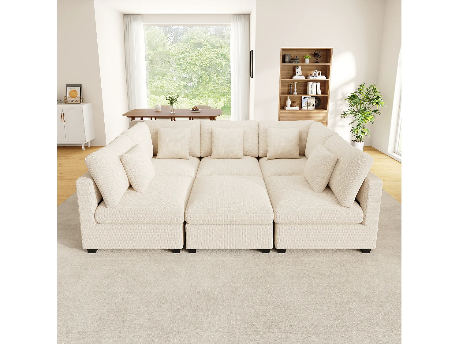 L-shaped corner sofa - 6 seats - with mobile footrest - with sleep function - with 5 cushions - chenille fabric - beige
