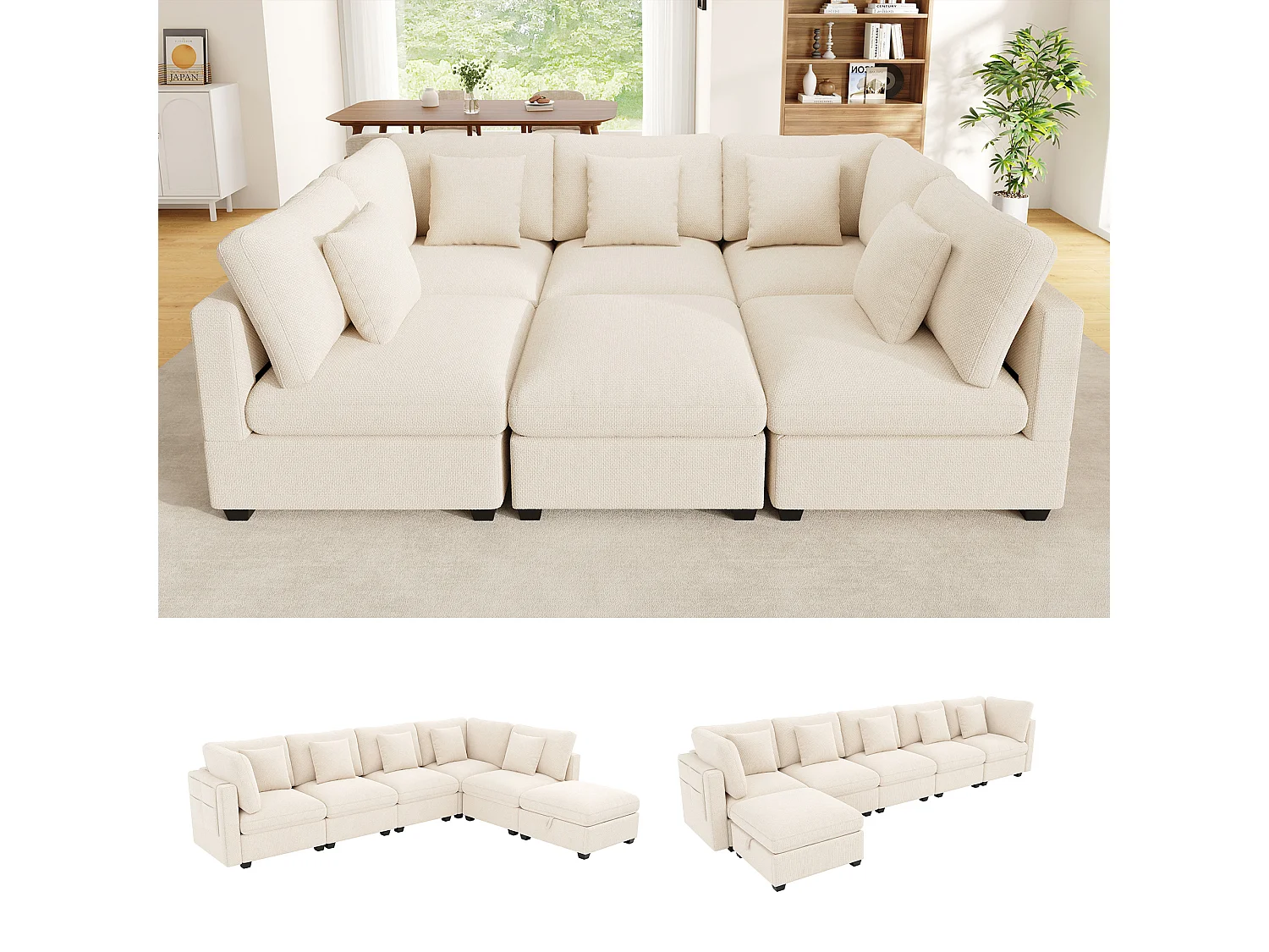 L-shaped corner sofa - 6 seats - with mobile footrest - with sleep function - with 5 cushions - chenille fabric - beige