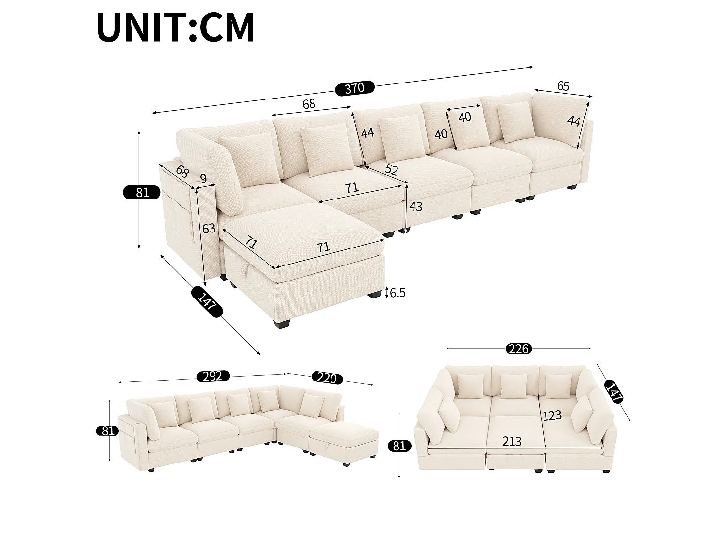 L-shaped corner sofa - 6 seats - with mobile footrest - with sleep function - with 5 cushions - chenille fabric - beige