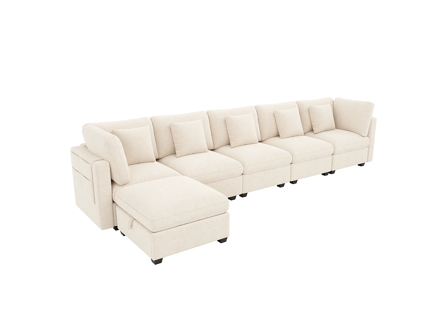 L-shaped corner sofa - 6 seats - with mobile footrest - with sleep function - with 5 cushions - chenille fabric - beige