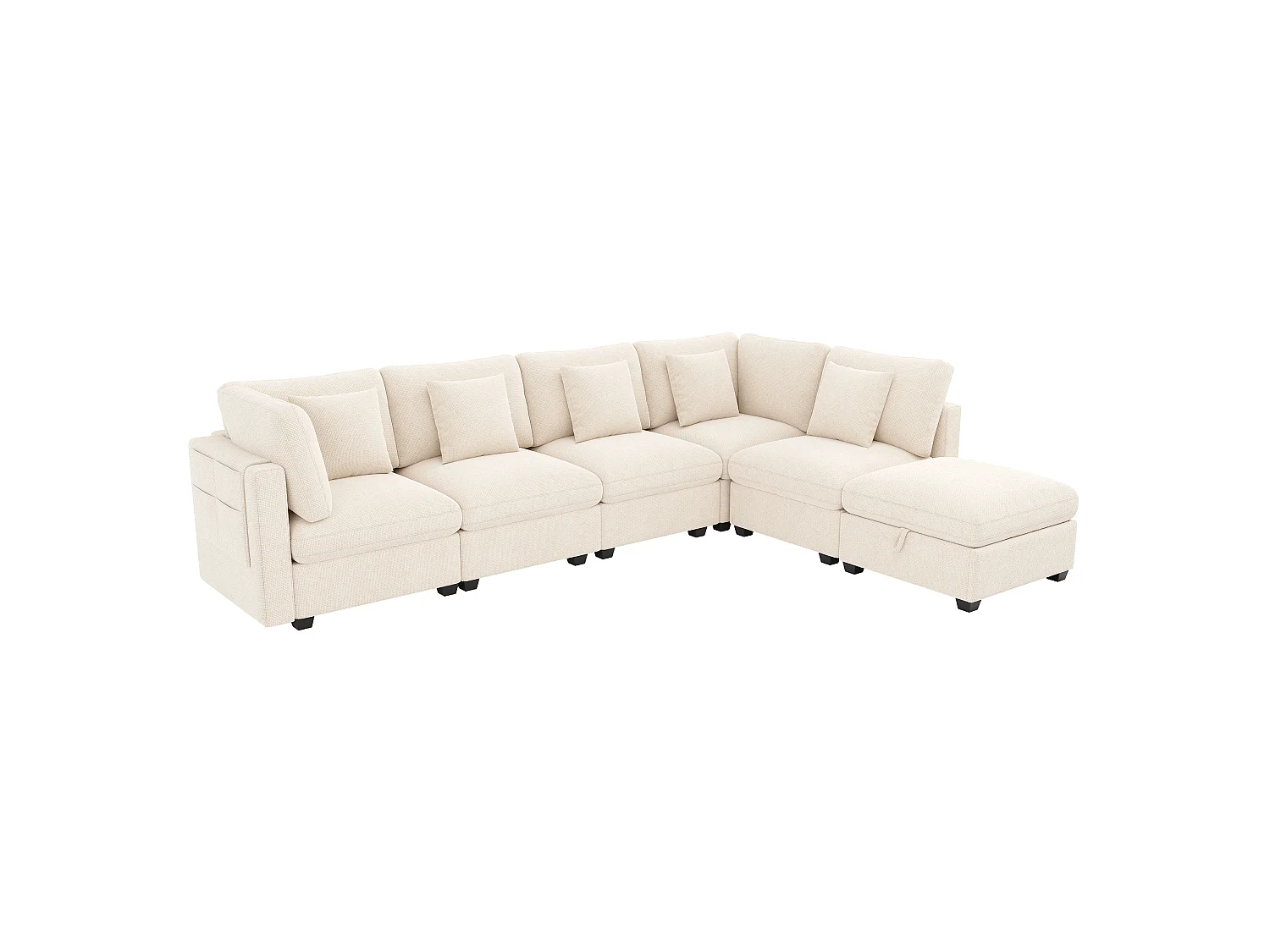 L-shaped corner sofa - 6 seats - with mobile footrest - with sleep function - with 5 cushions - chenille fabric - beige