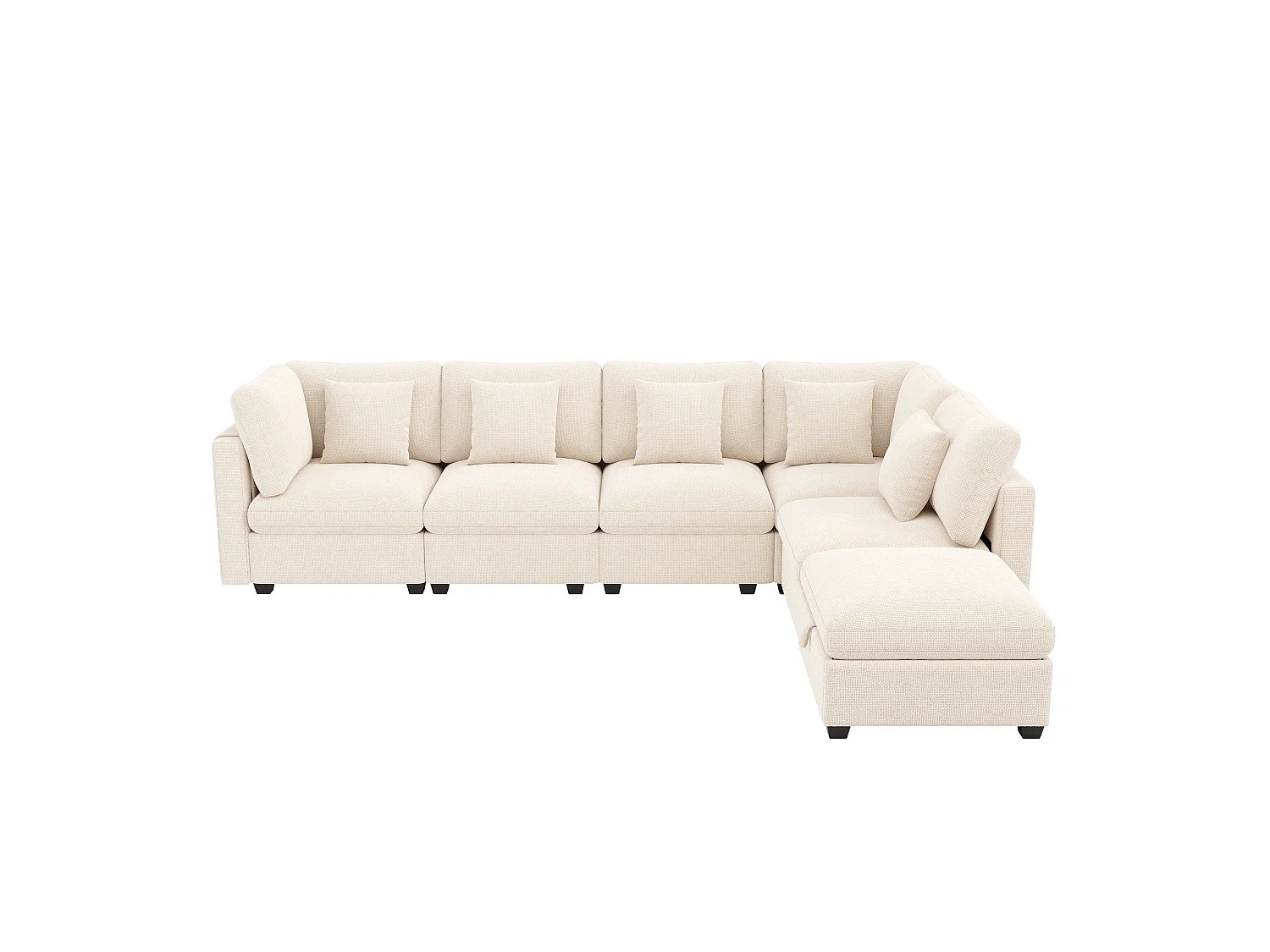 L-shaped corner sofa - 6 seats - with mobile footrest - with sleep function - with 5 cushions - chenille fabric - beige