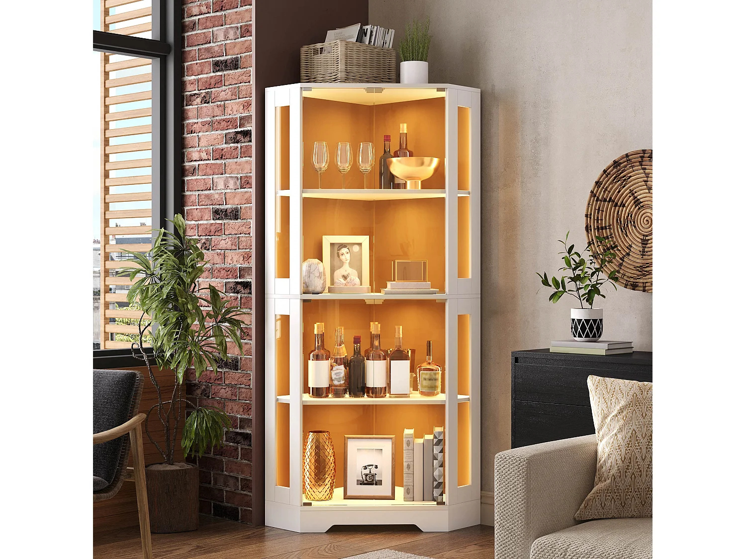 Vitrine aus Glas 165 cm hoch - mit LED-Beleuchtung - Eckvitrine aus 4-lagigem Sicherheitsglas - Weiß