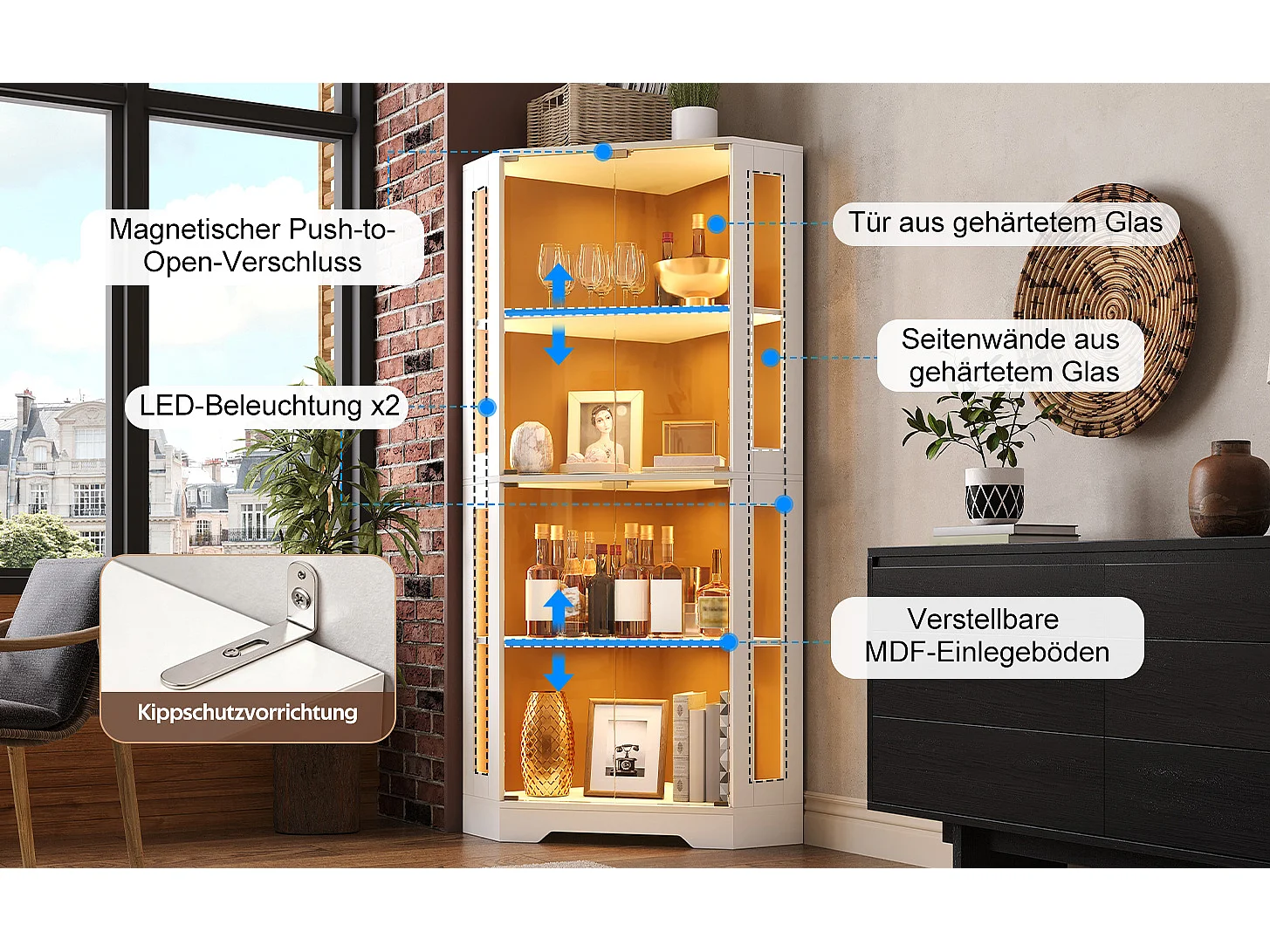 Vitrine aus Glas 165 cm hoch - mit LED-Beleuchtung - Eckvitrine aus 4-lagigem Sicherheitsglas - Weiß