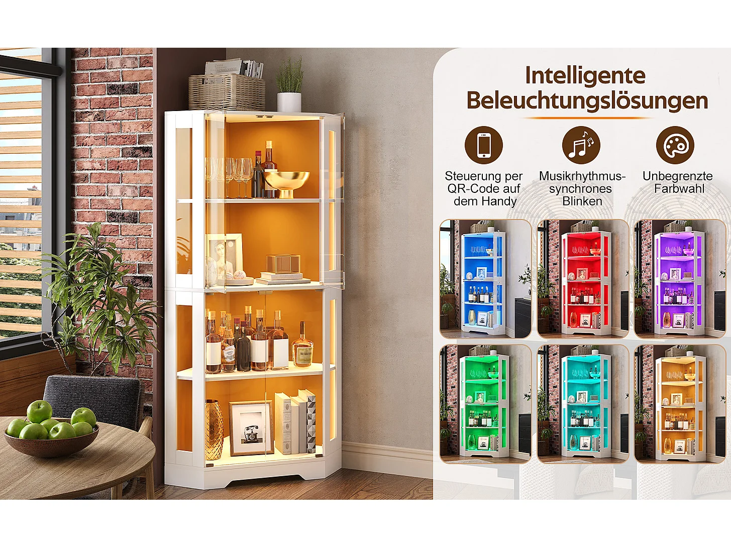 Vitrine aus Glas 165 cm hoch - mit LED-Beleuchtung - Eckvitrine aus 4-lagigem Sicherheitsglas - Weiß