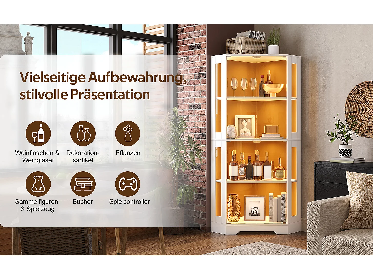 Vitrine aus Glas 165 cm hoch - mit LED-Beleuchtung - Eckvitrine aus 4-lagigem Sicherheitsglas - Weiß