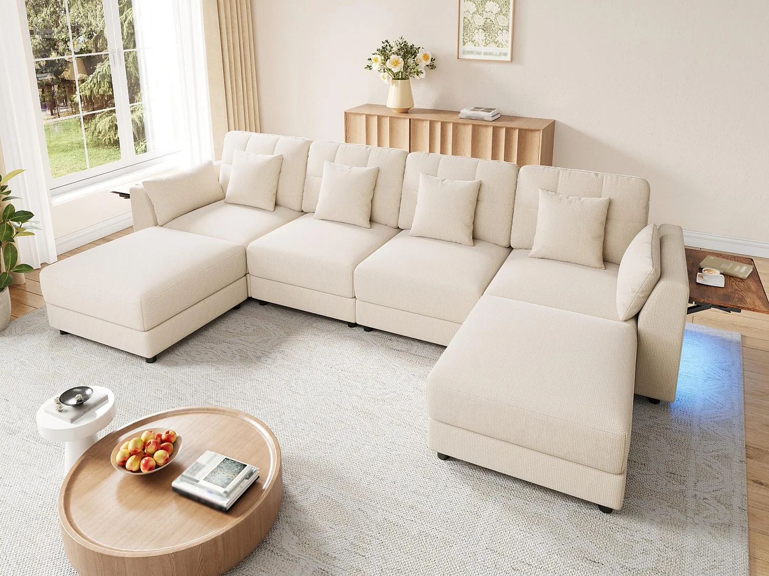 U-shaped/L-shaped corner sofa - 2 mobile footrests - with LED lighting - foldable side table - with 6 cushions - chenille fabric - beige