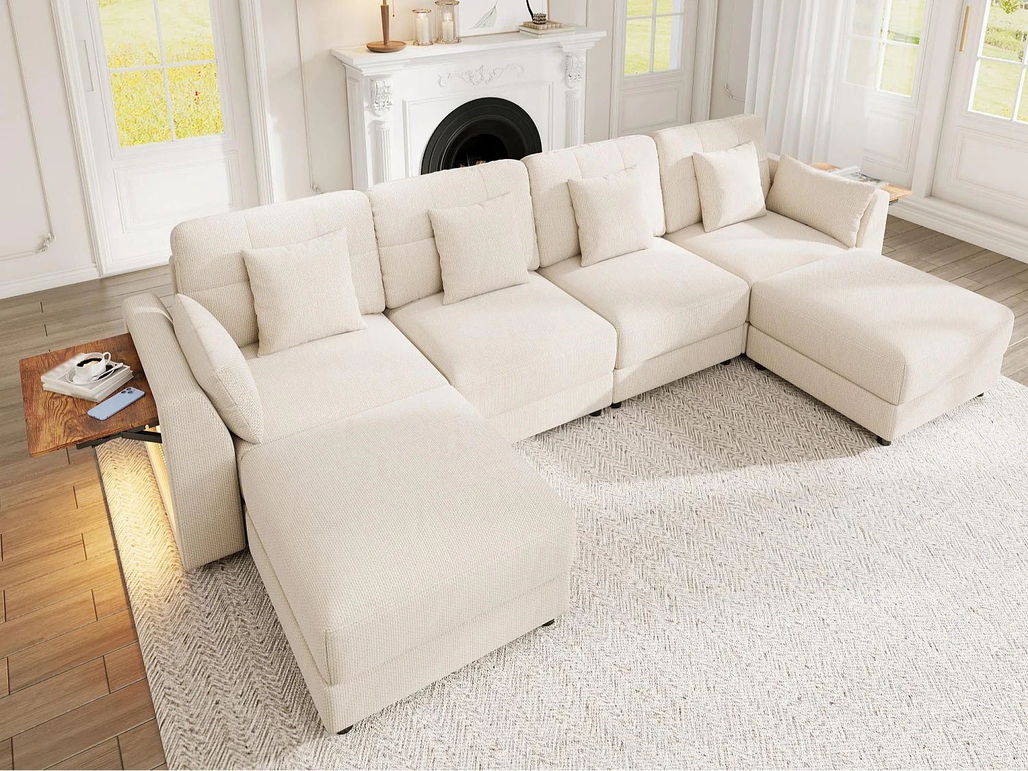 U-shaped/L-shaped corner sofa - 2 mobile footrests - with LED lighting - foldable side table - with 6 cushions - chenille fabric - beige