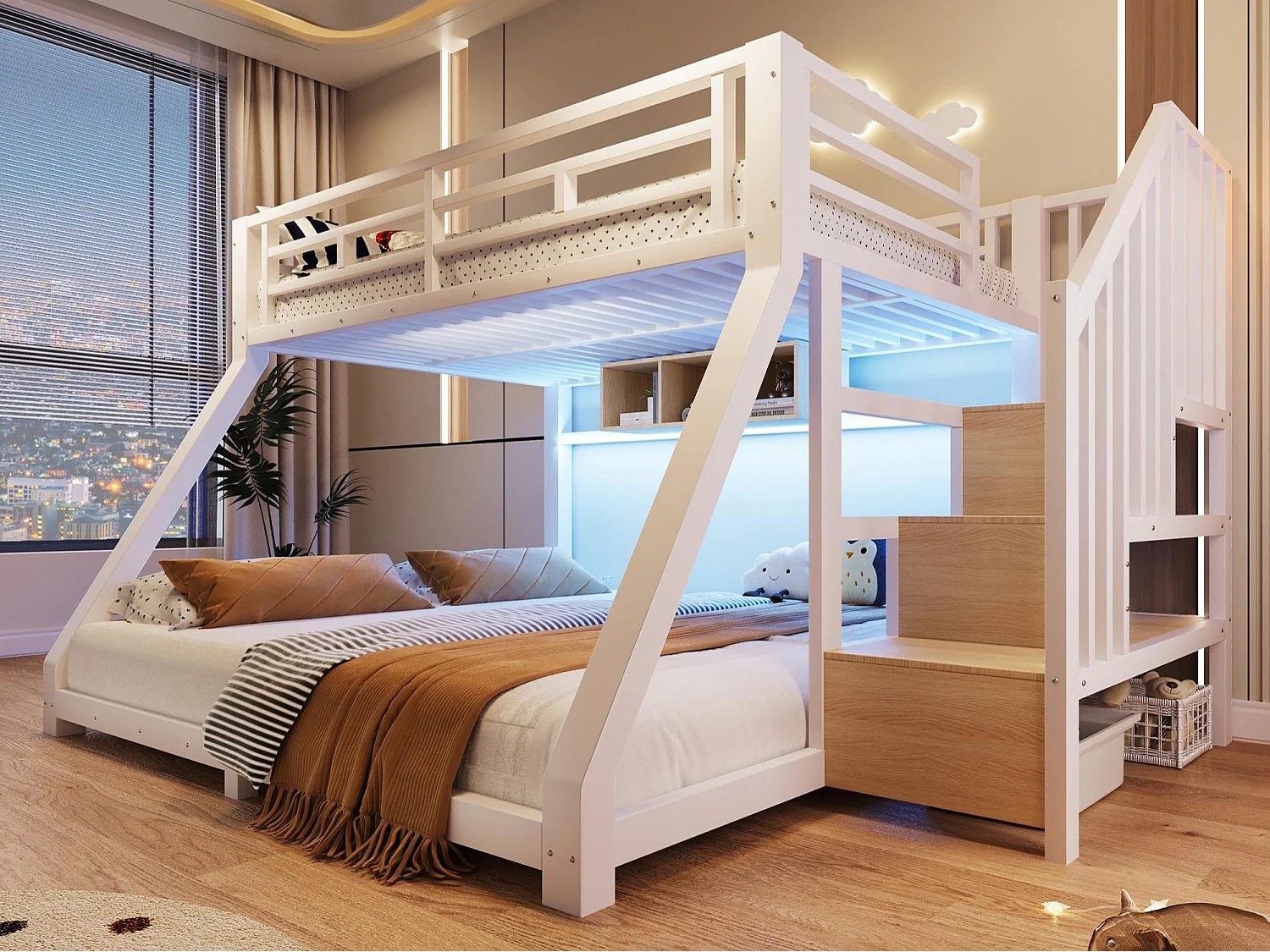 Bunk bed 90x200cm + 140x200cm - with LED light strip - with three storage compartments - with stairs - white (mattress not included)