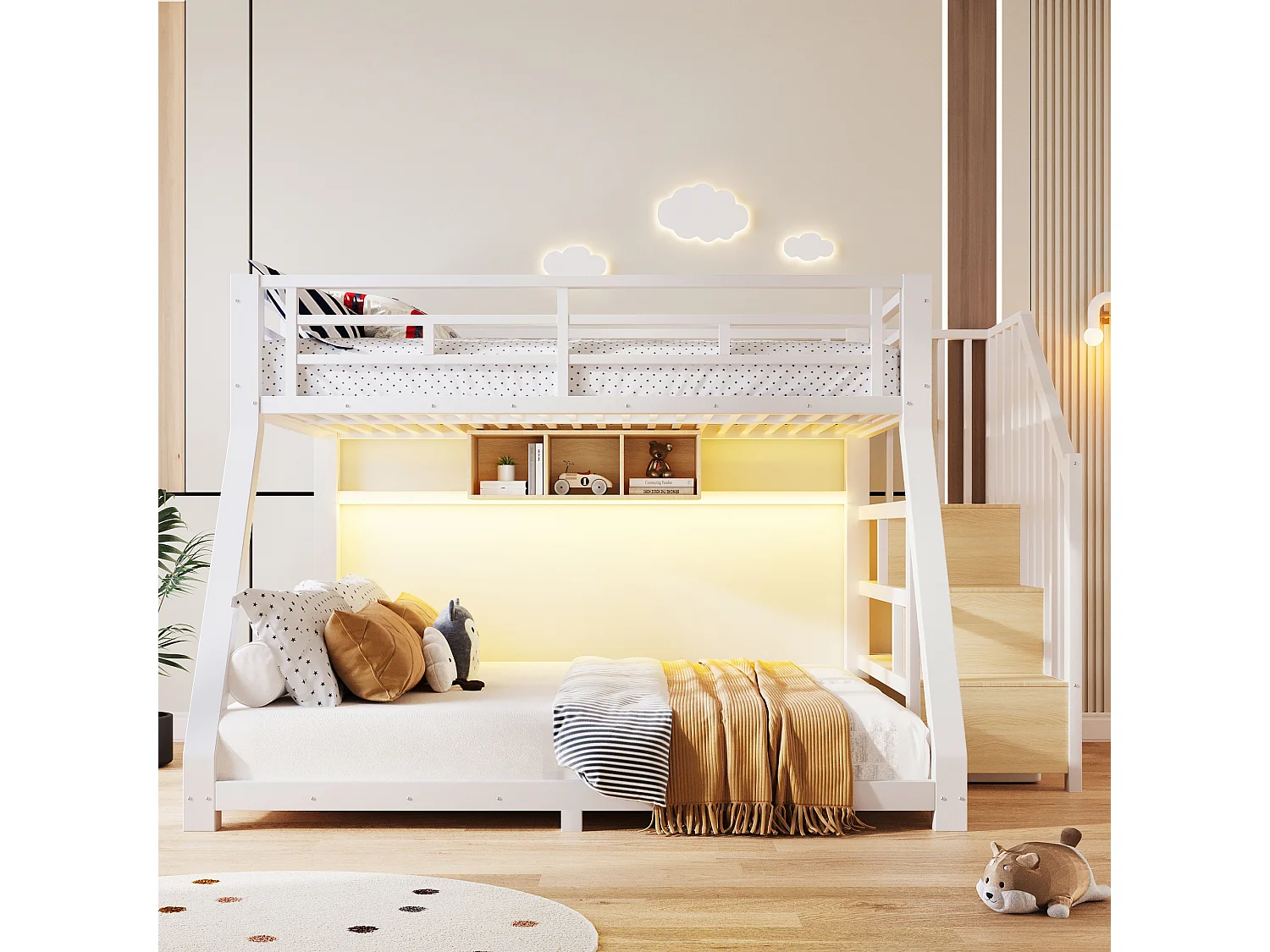 Bunk bed 90x200cm + 140x200cm - with LED light strip - with three storage compartments - with stairs - white (mattress not included)
