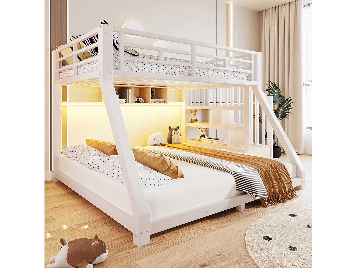 Bunk bed 90x200cm + 140x200cm - with LED light strip - with three storage compartments - with stairs - white (mattress not included)