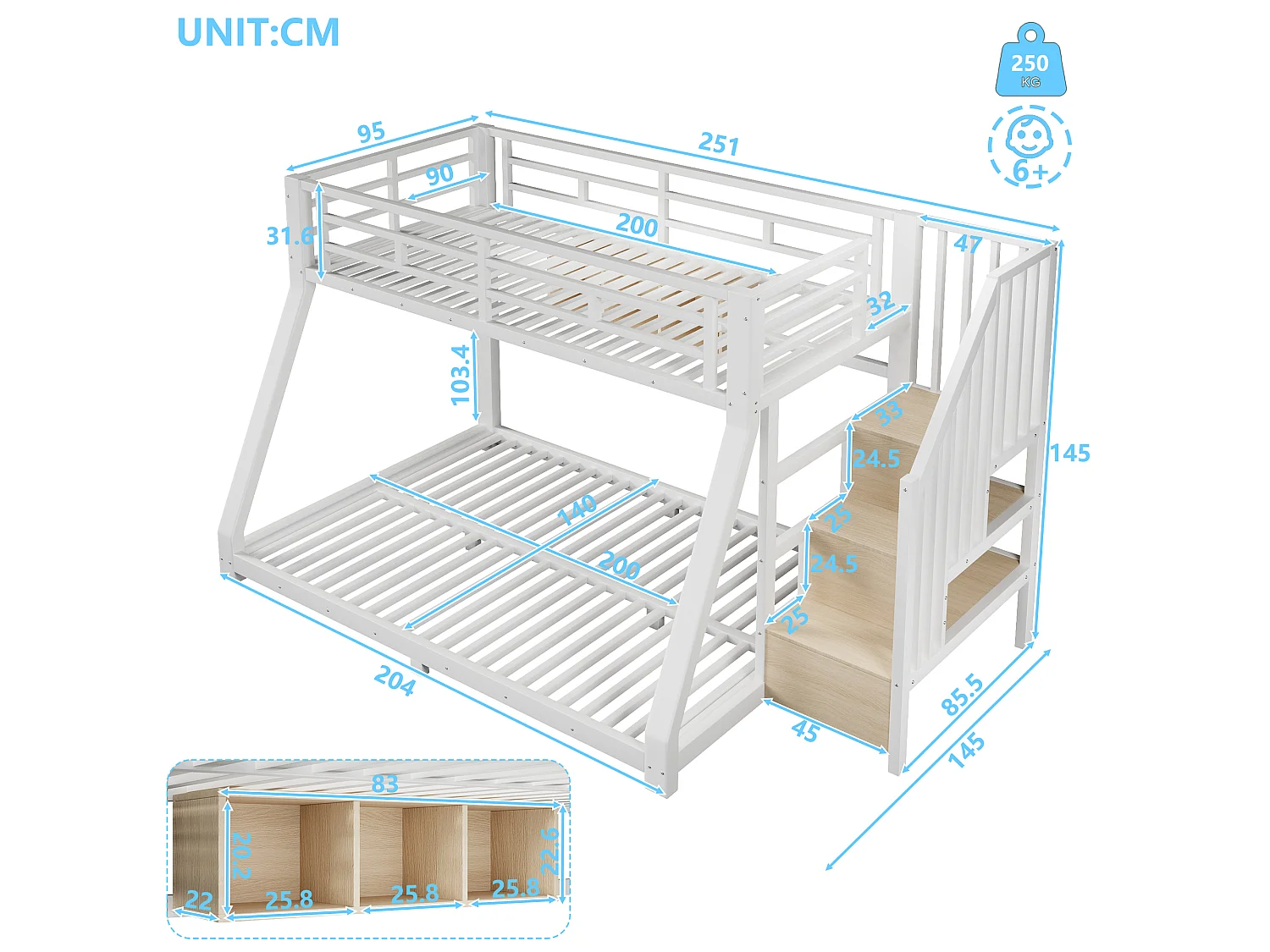 Bunk bed 90x200cm + 140x200cm - with LED light strip - with three storage compartments - with stairs - white (mattress not included)