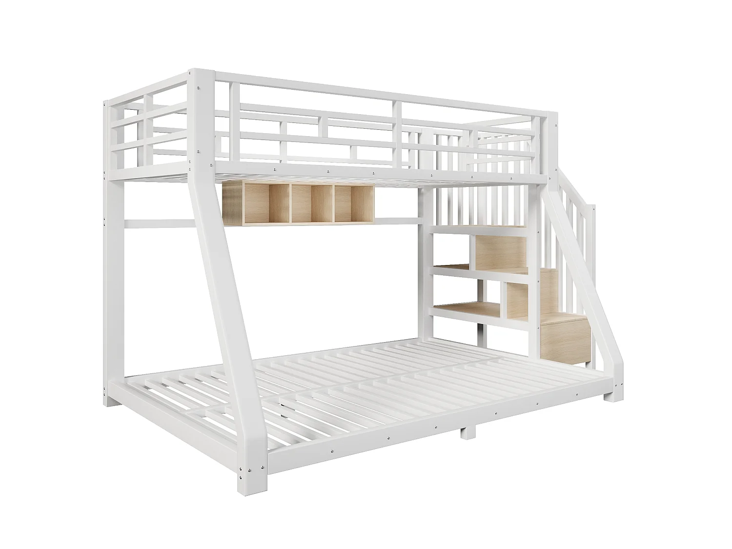 Bunk bed 90x200cm + 140x200cm - with LED light strip - with three storage compartments - with stairs - white (mattress not included)