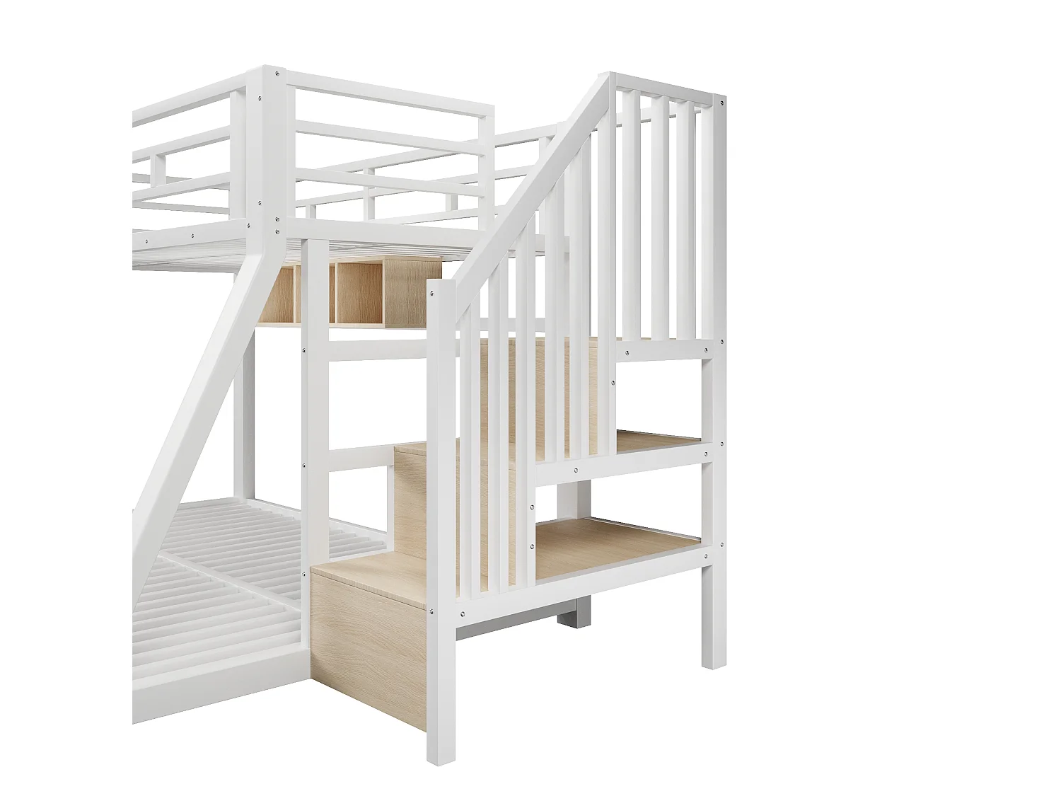 Bunk bed 90x200cm + 140x200cm - with LED light strip - with three storage compartments - with stairs - white (mattress not included)