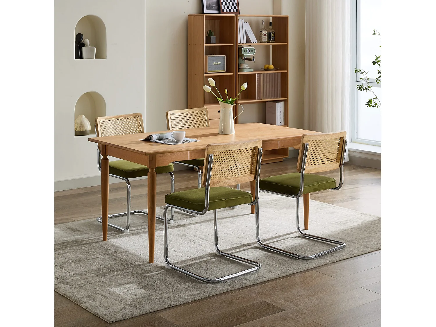 Lot de 2 chaises velours vert olive, dossier rotin naturel, pieds acier chromé, design vintage